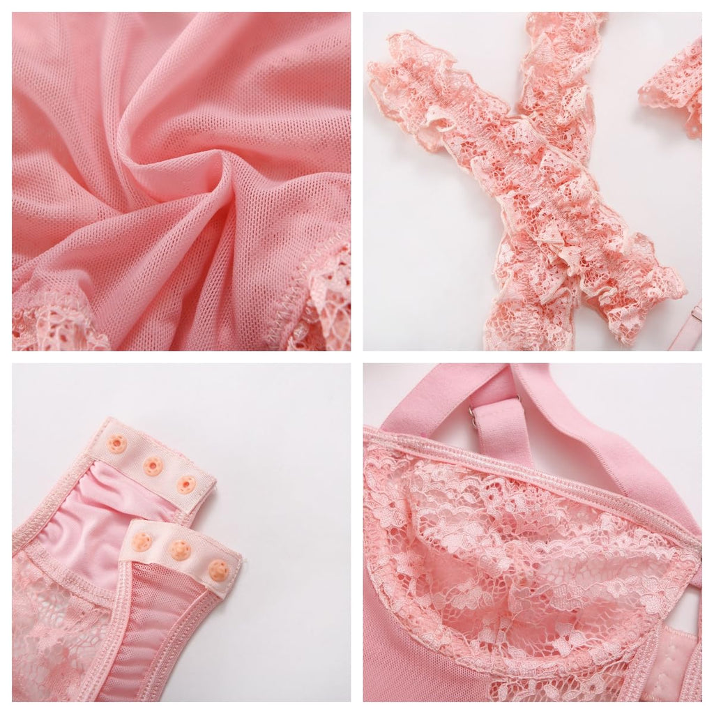 Women's Sexy Lingerie Erotic Lingerie Babydoll Lace Bodysuit with Garter Belt Lace Push Up Bra 2 Thigh Cuffs Lingerie Set Teddy Lingerie V Neck Nightwear