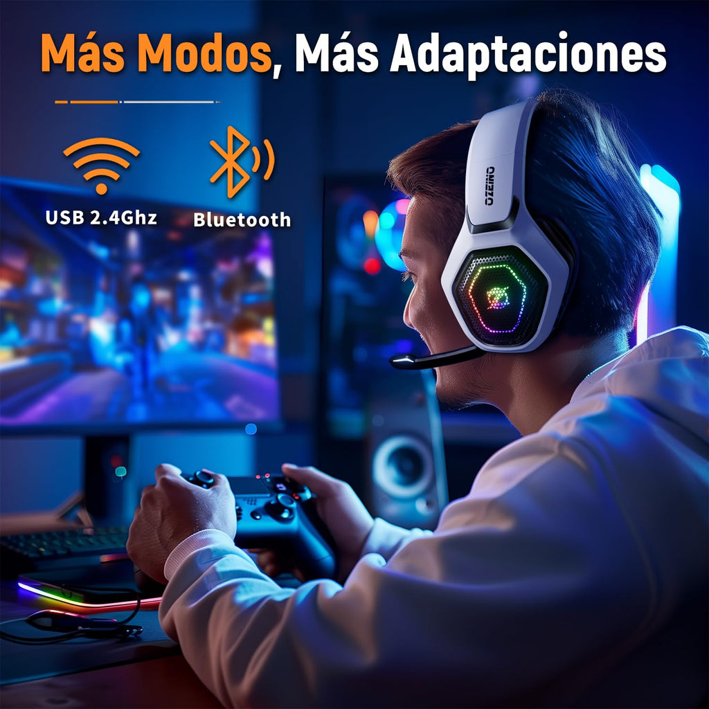 Ozeino Wireless Gaming Headset for PC/Ps5/Ps4, 2.4GHz Wireless+Bluetooth Wireless Gaming Headphones, Low Latency Lossless Sound Quality, 30Hr+ Duration