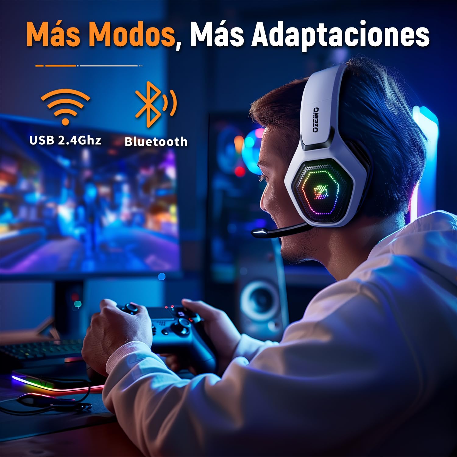 Ozeino Wireless Gaming Headset for PC/Ps5/Ps4, 2.4GHz Wireless+Bluetooth Wireless Gaming Headphones, Low Latency Lossless Sound Quality, 30Hr+ Duration