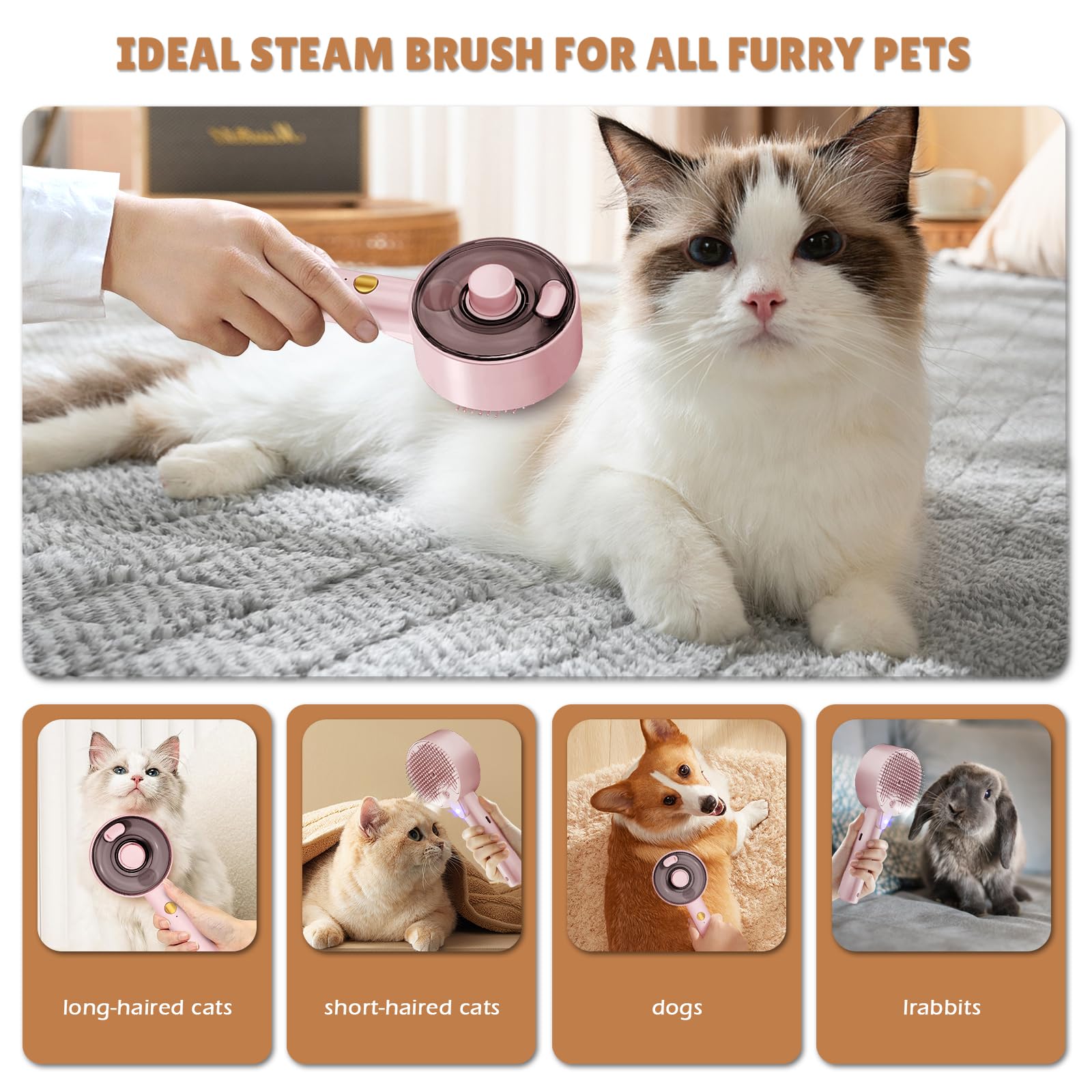 4 in 1 Steam Brush for Cats and Dogs - Self Cleaning with Water Reservoir - Pet Grooming and Massage