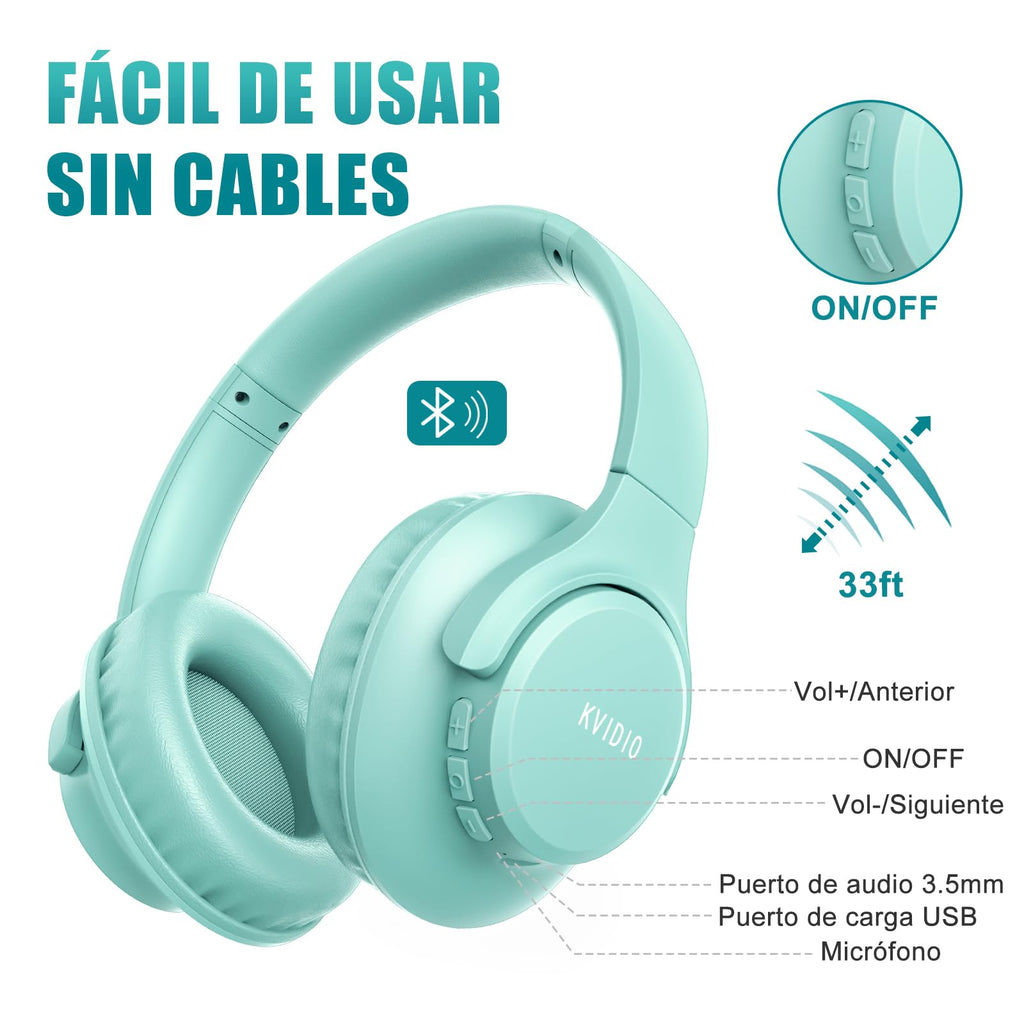 KVIDIO Wireless On-Ear Headphones, 55 Hours Playtime Bluetooth Headphones, Foldable Lightweight Headphones with Microphone, Deep Bass (Black)