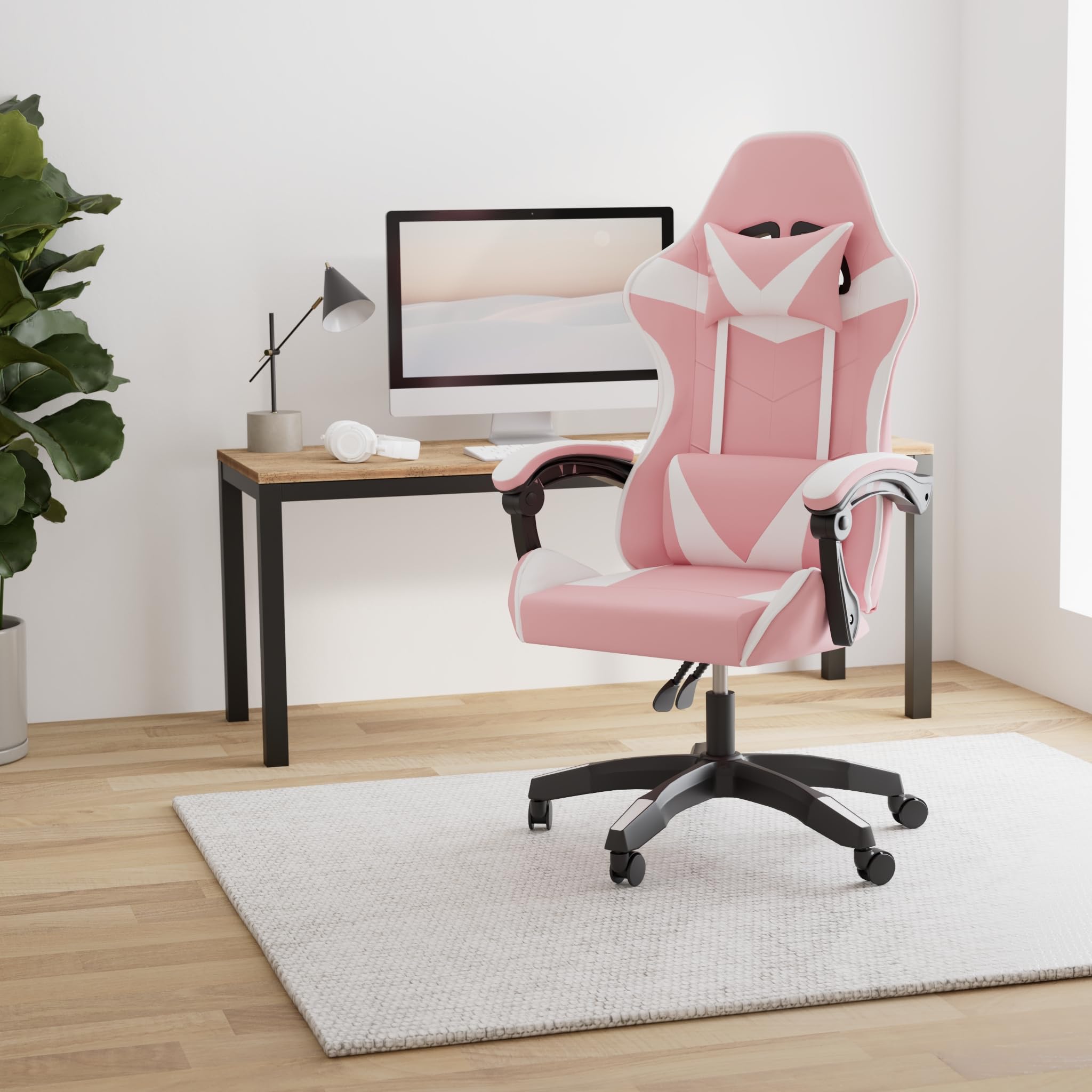 Ergonomic Reclining Gaming Chair with Lumbar and Cervical Cushion | Adjustable Height, Padded Armrests, 360° Wheels | Ideal for Office, Desk, Telework, Study, Gaming, Computer