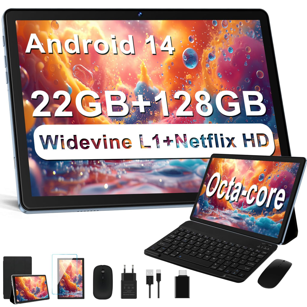 Android 15 Tablet, 30GB RAM 128GB ROM (TF 2TB Expandable), 10 Inch, 8000mAh, WIFI 5G, GPS/BT5.0/OTG, Face ID, Widevine L1, Metal Body Tablet with Keyboard, Mouse and Protective Case -Black