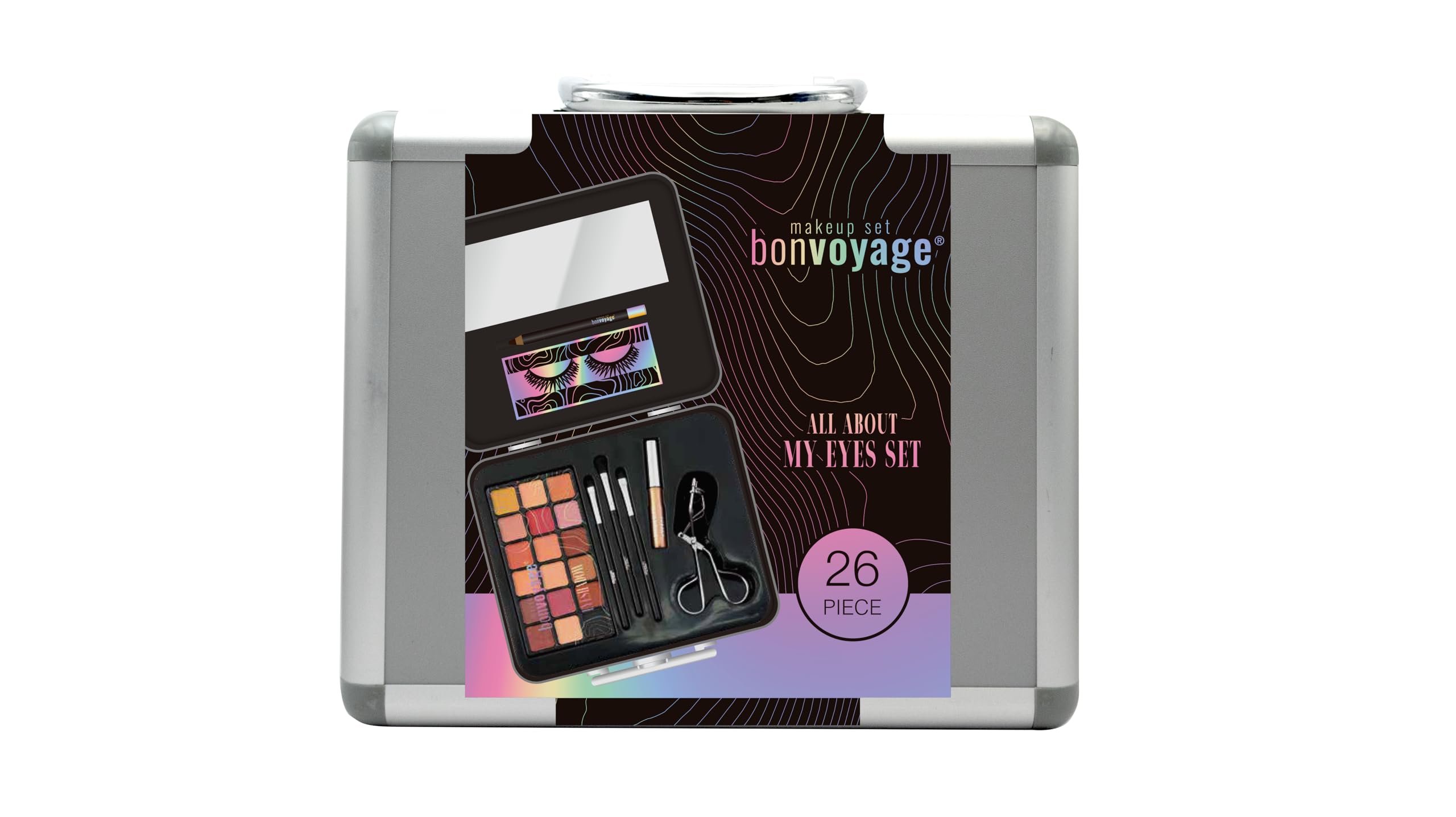 bonvoyage, 43 Piece Women's Makeup Kit, Includes Lipstick, Eyeshadows, Blush, Nail Polish, Mirror, and More, Portable and Lightweight Metal Case, Bon Voyage