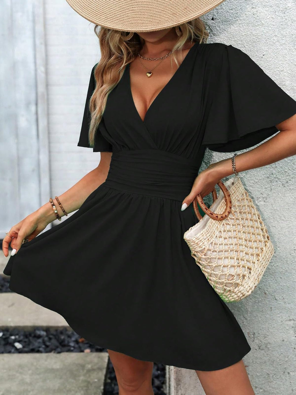 Dress Long Sleeve/Short Sleeve Women Casual Long Dresses V Neck Elegant Lantern Sleeve Dress A-Line Butterfly Sleeves
