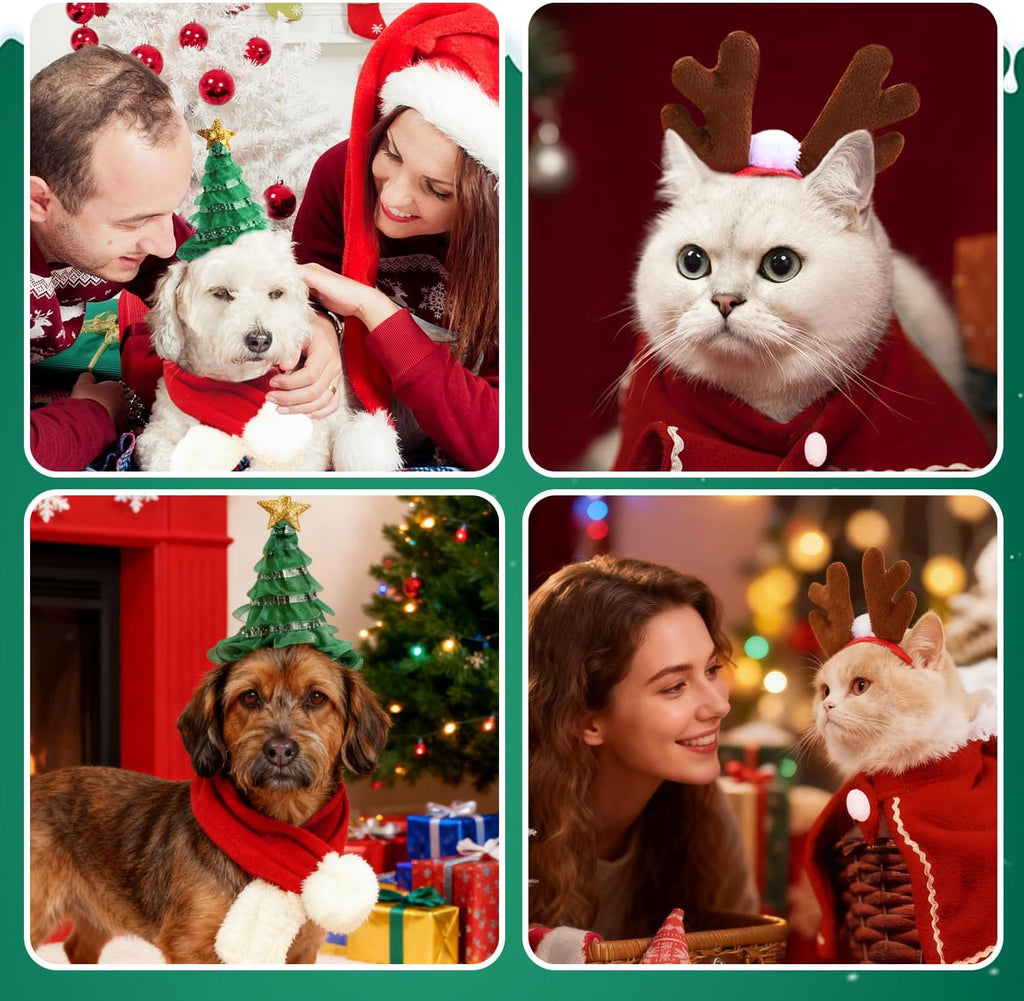 Christmas Costume for Pets, 4 Pieces Christmas Accessories Pet Clothes, Christmas Costumes for Cats Dogs with Hat, Reindeer Antlers Headband, Scarf, Mantle, for Dogs Cats