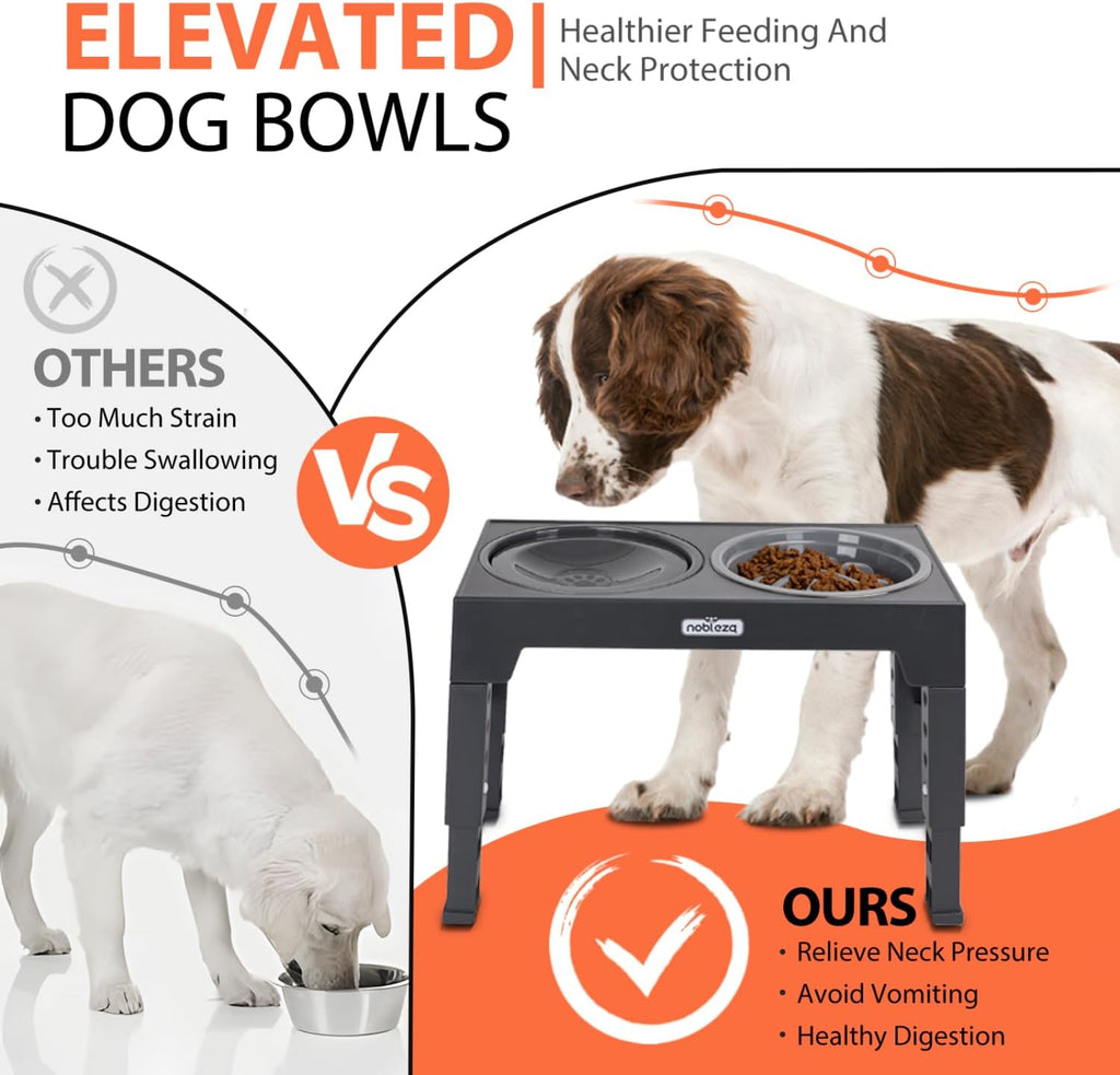 Nobleza Elevated Dog Feeder with 5 Adjustable Heights, 1 x 800 ml Non-Drip Feeder Drinker, 1 x 1100 ml Steel Drinking Bowl and 1 x 800 ml Anti-Dripping Dog Feeder, Grey