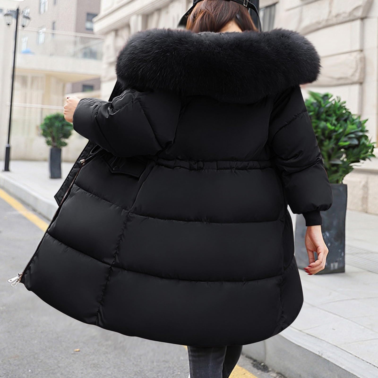 Women's Warm Winter Coat with Hood Thick Padded Jacket Winter Cotton Jacket with Hood, Plush Outer Coat with Waist, Ski Coat and