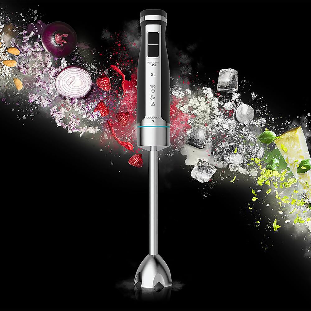 Cecotec Power TitanBlack 1500 XL PerfectCream&Crush Hand Blender, 1500 W, CrossBlades Technology with 4-Blade Blades, XL Foot, Includes Chopper, Whisk Sticks and Masher