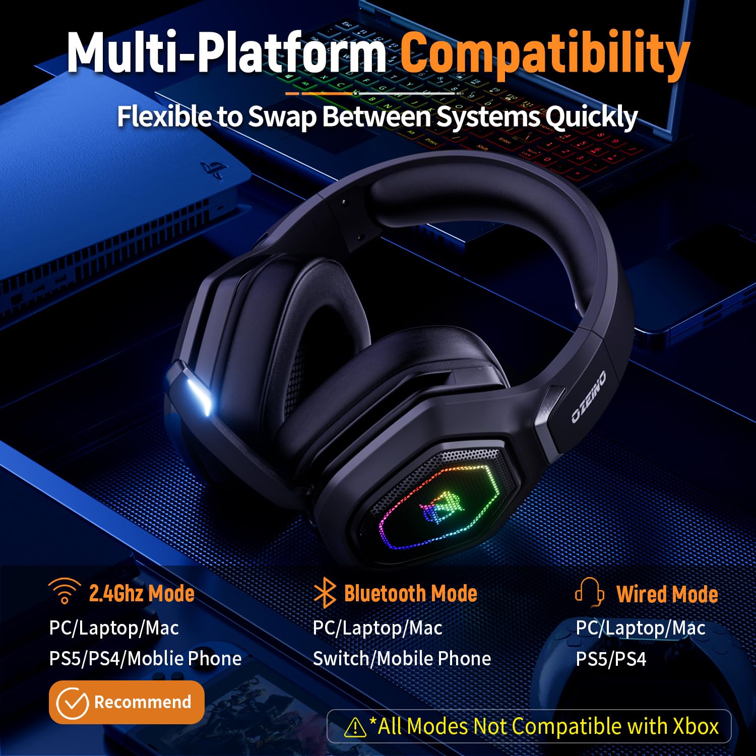 Ozeino Wireless Gaming Headset for PC/Ps5/Ps4, 2.4GHz Wireless+Bluetooth Wireless Gaming Headphones, Low Latency Lossless Sound Quality, 30Hr+ Duration