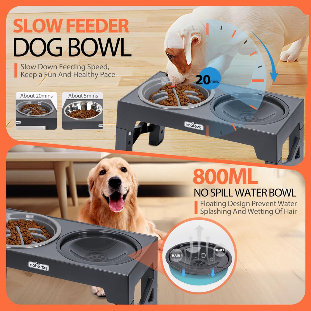 Nobleza Elevated Dog Feeder with 5 Adjustable Heights, 1 x 800 ml Non-Drip Feeder Drinker, 1 x 1100 ml Steel Drinking Bowl and 1 x 800 ml Anti-Dripping Dog Feeder, Grey
