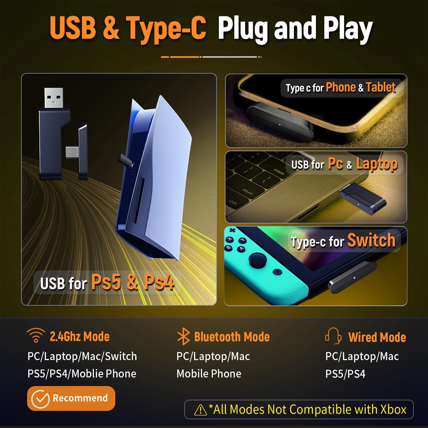 Ozeino Wireless Gaming Headset for PC/Ps5/Ps4, 2.4GHz Wireless+Bluetooth Wireless Gaming Headphones, Low Latency Lossless Sound Quality, 30Hr+ Duration