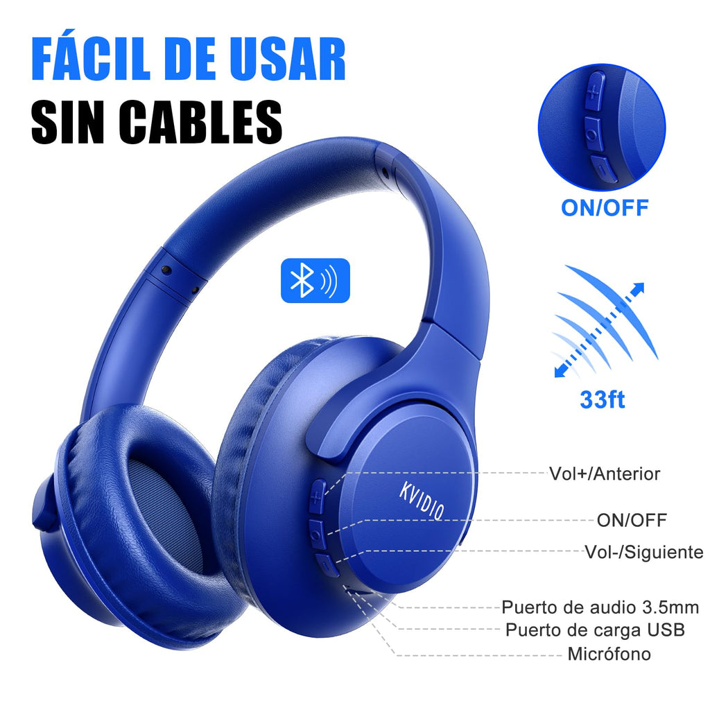 KVIDIO Wireless On-Ear Headphones, 55 Hours Playtime Bluetooth Headphones, Foldable Lightweight Headphones with Microphone, Deep Bass (Black)