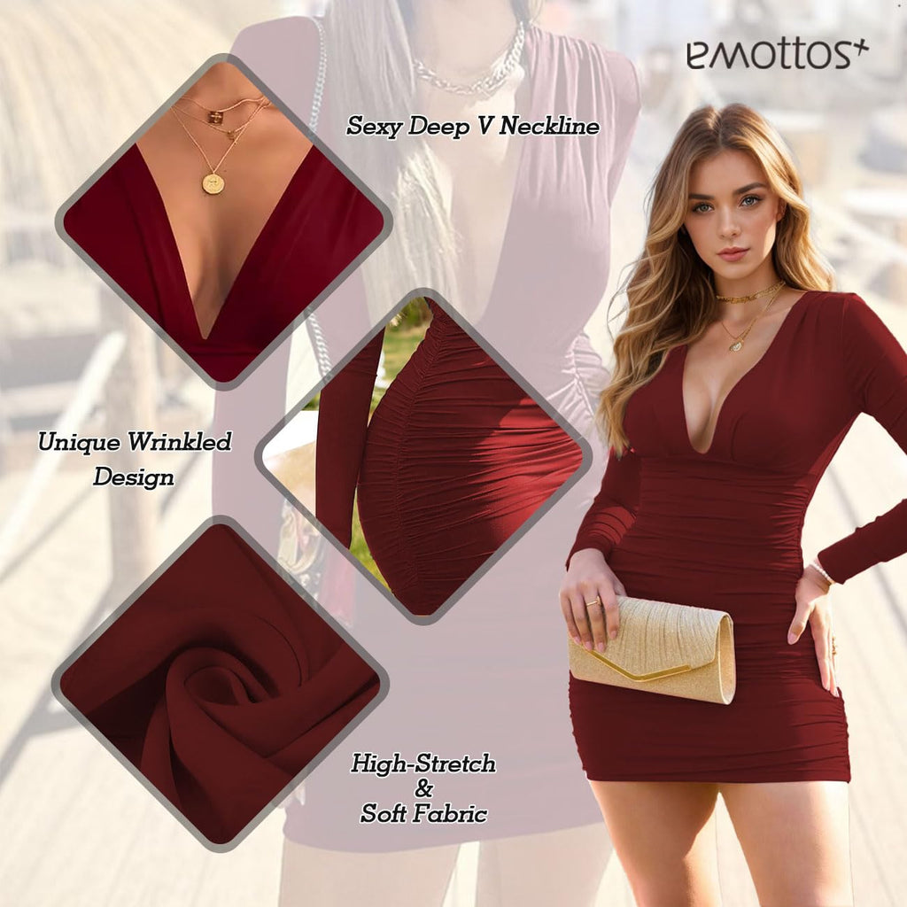 Women Mini Wrap Dress, Sexy Hip-Hugging Ruched Dresses, Soft Deep V Neck/One Shoulder Bodycon Long Sleeve Pencil Dress, Club Cocktail Party Dress(2 Style, S-L)