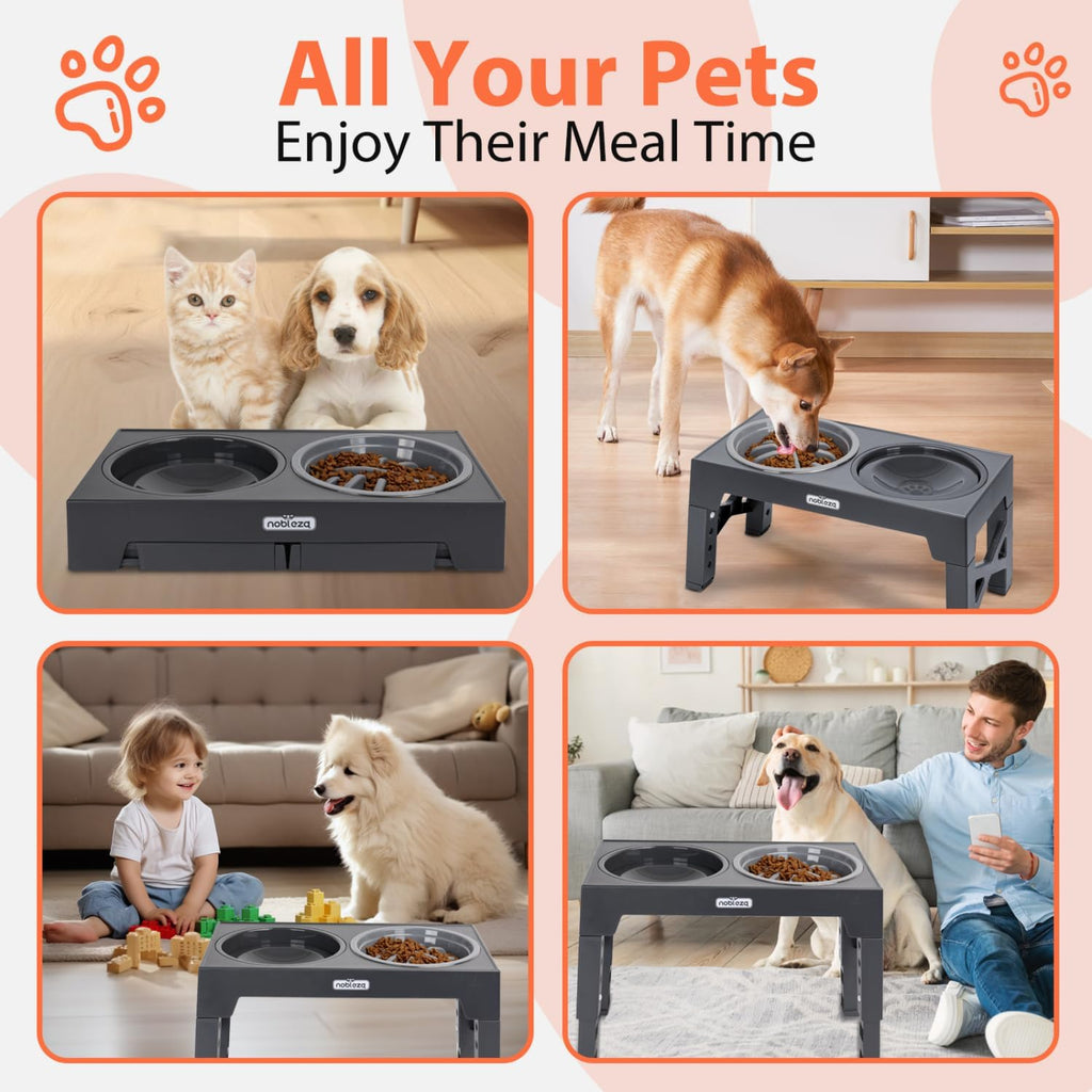 Nobleza Elevated Dog Feeder with 5 Adjustable Heights, 1 x 800 ml Non-Drip Feeder Drinker, 1 x 1100 ml Steel Drinking Bowl and 1 x 800 ml Anti-Dripping Dog Feeder, Grey