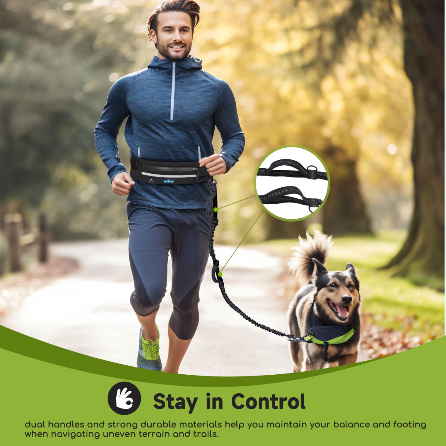 Nobleza Elastic Hands-Free Dog Leash with Pocket, Retractable Dog Leash with Double Elastic Rope, Adjustable Belt, Reflective Band