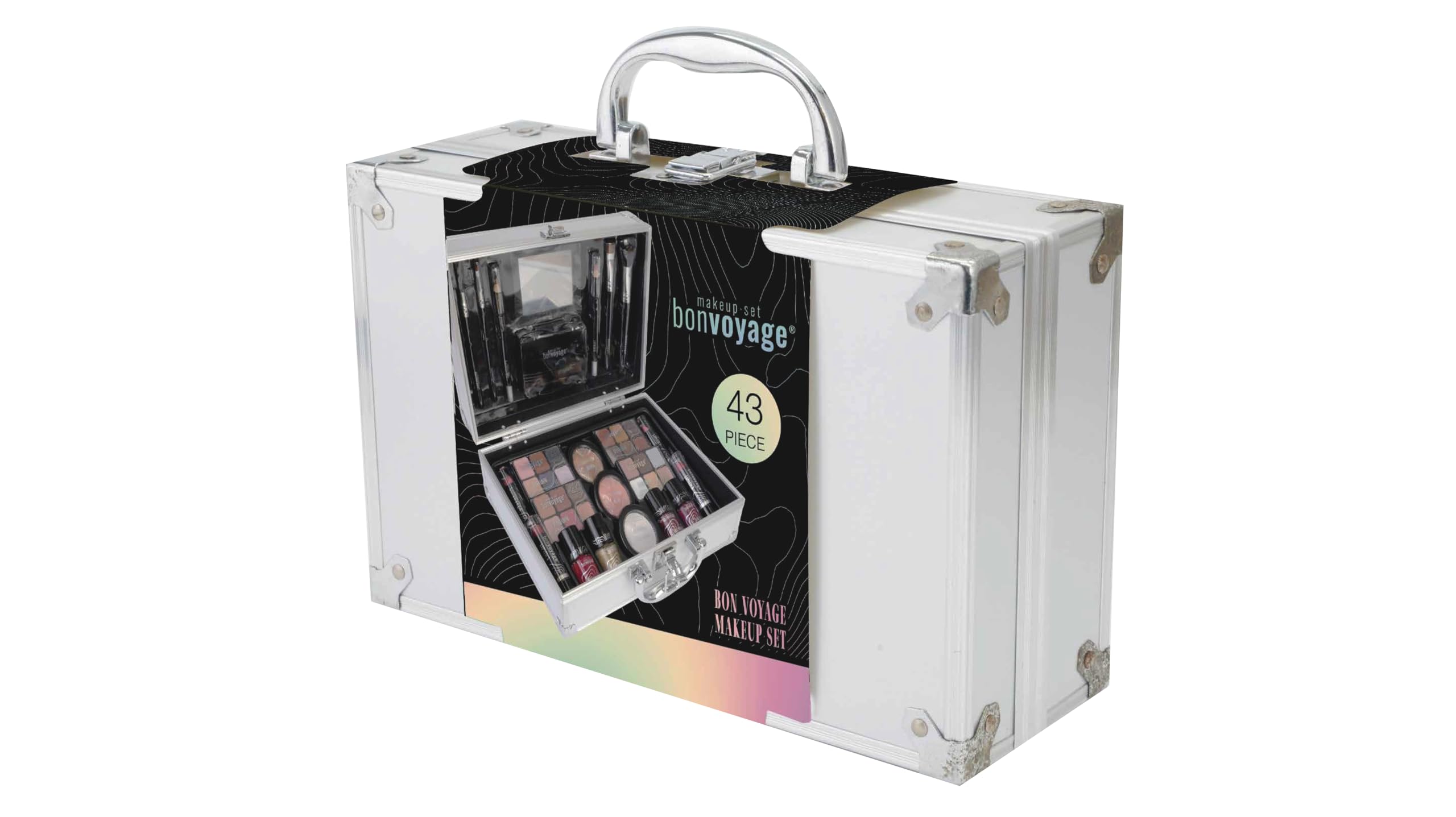 bonvoyage, 43 Piece Women's Makeup Kit, Includes Lipstick, Eyeshadows, Blush, Nail Polish, Mirror, and More, Portable and Lightweight Metal Case, Bon Voyage