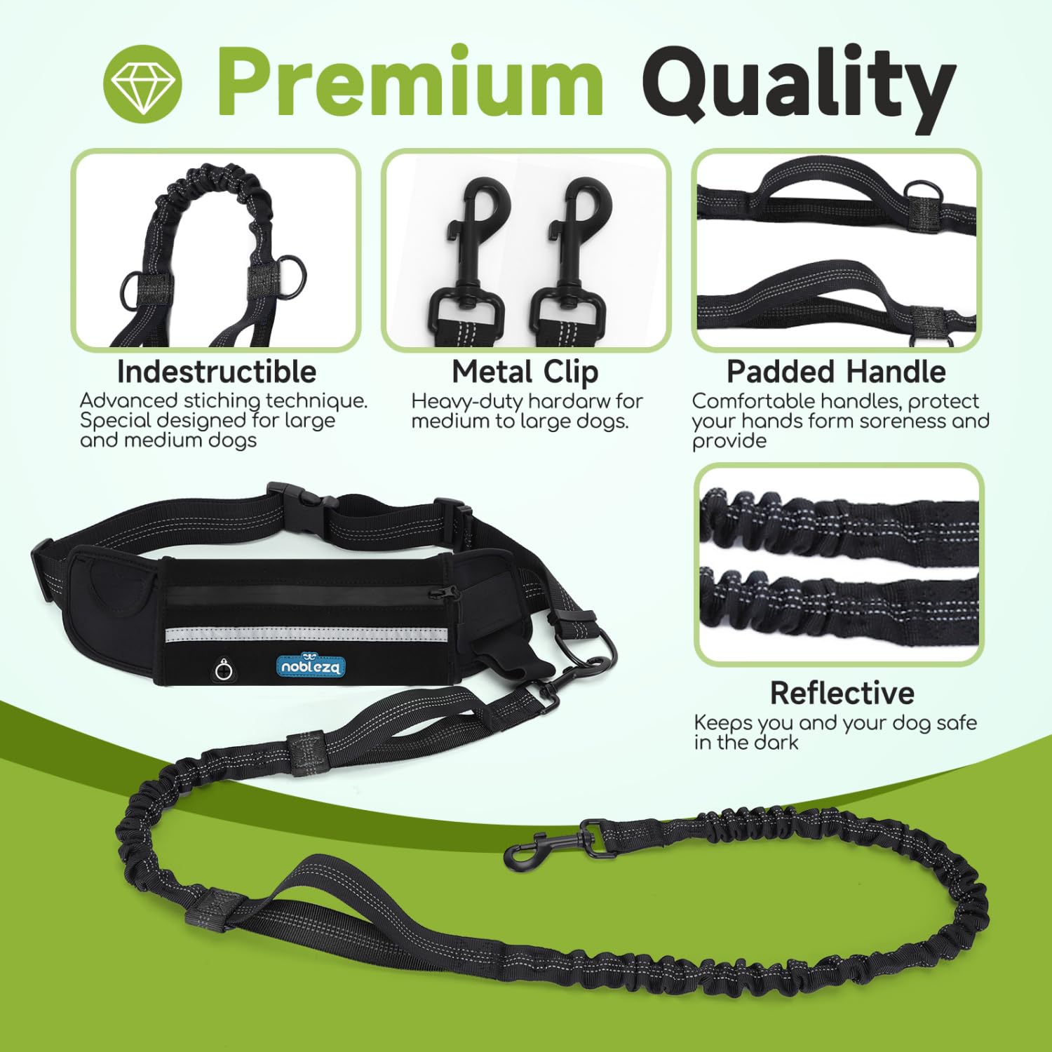 Nobleza Elastic Hands-Free Dog Leash with Pocket, Retractable Dog Leash with Double Elastic Rope, Adjustable Belt, Reflective Band