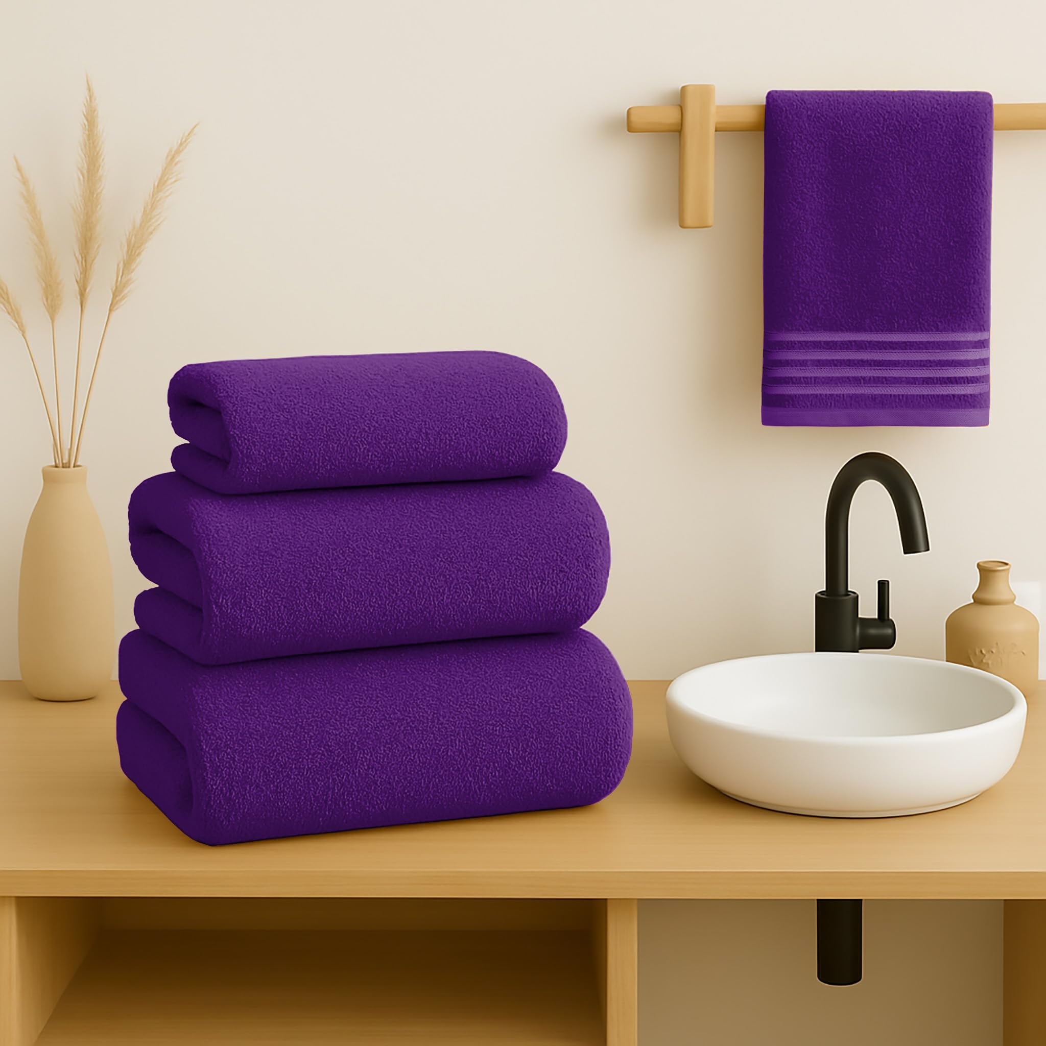 500 g Plain Full Bath Towel Set – Large and Small Terry Towels, 100% Cotton – Pack (2 Washbasin + 2 Shower) – High Absorption – Cotton Towel – Grass