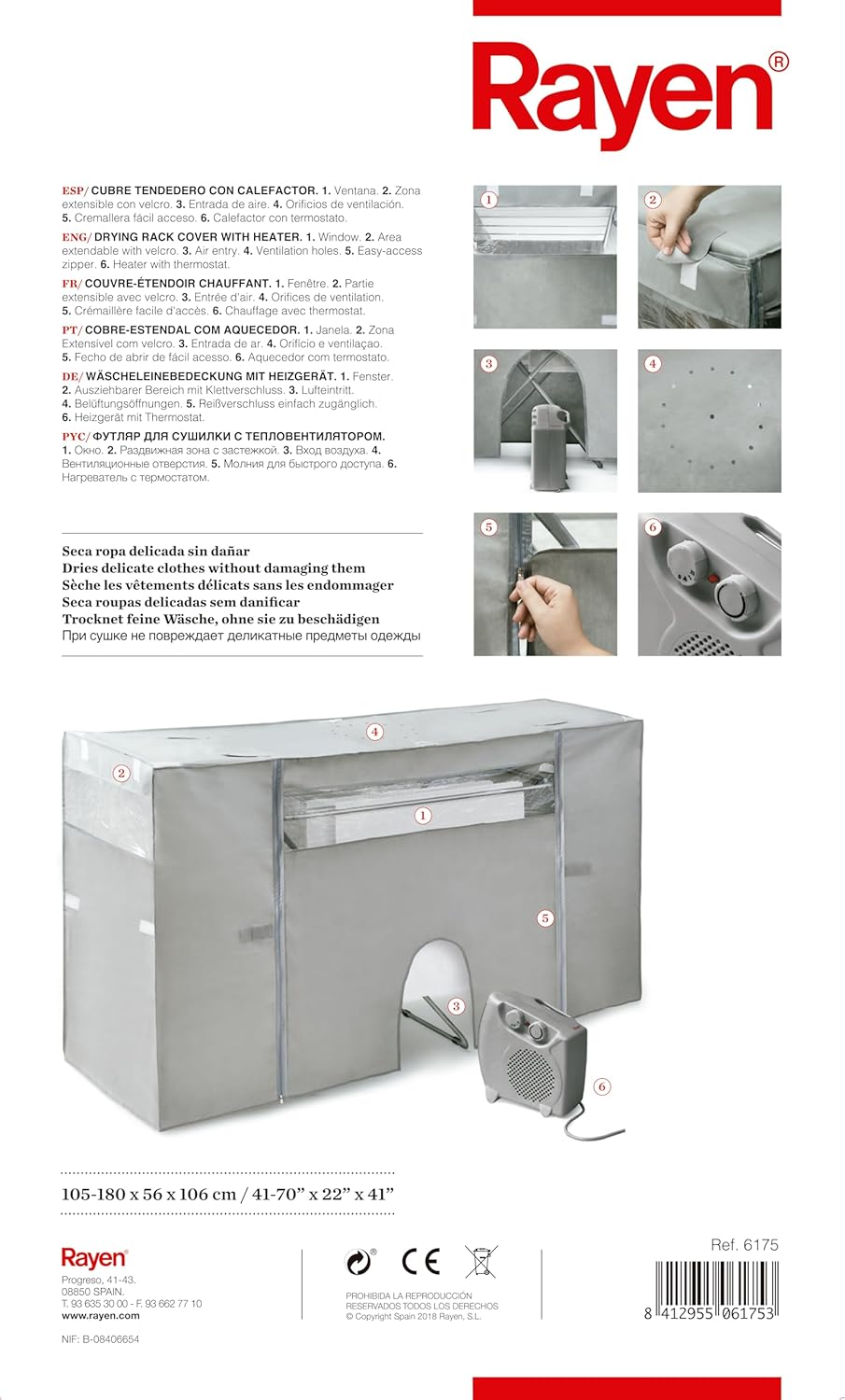 Rayen | Drying Rack Cover with Heater | Quick Drying | Minimum Consumption | Extendable | Plug | Grey | Measurements: 105-180 x 56 x 106 cm, 1 Unit