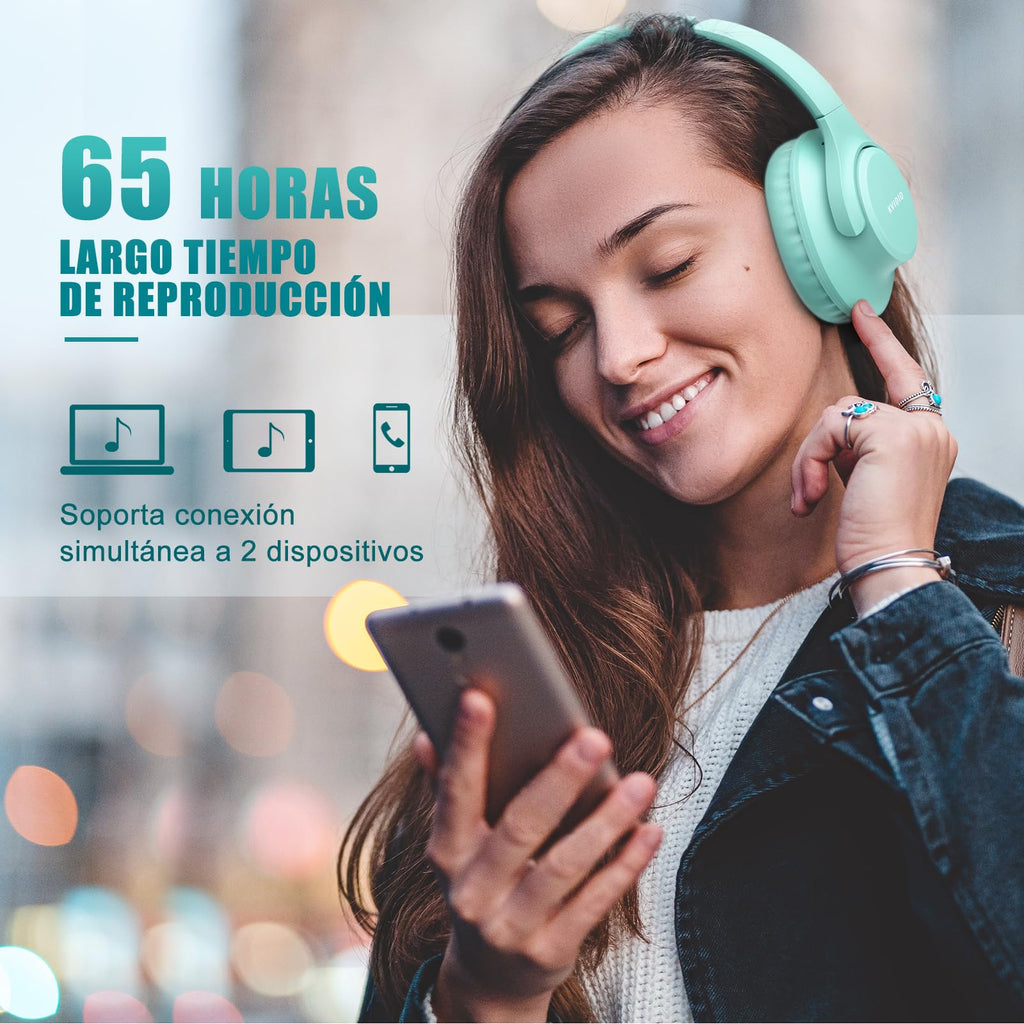 KVIDIO Wireless On-Ear Headphones, 55 Hours Playtime Bluetooth Headphones, Foldable Lightweight Headphones with Microphone, Deep Bass (Black)