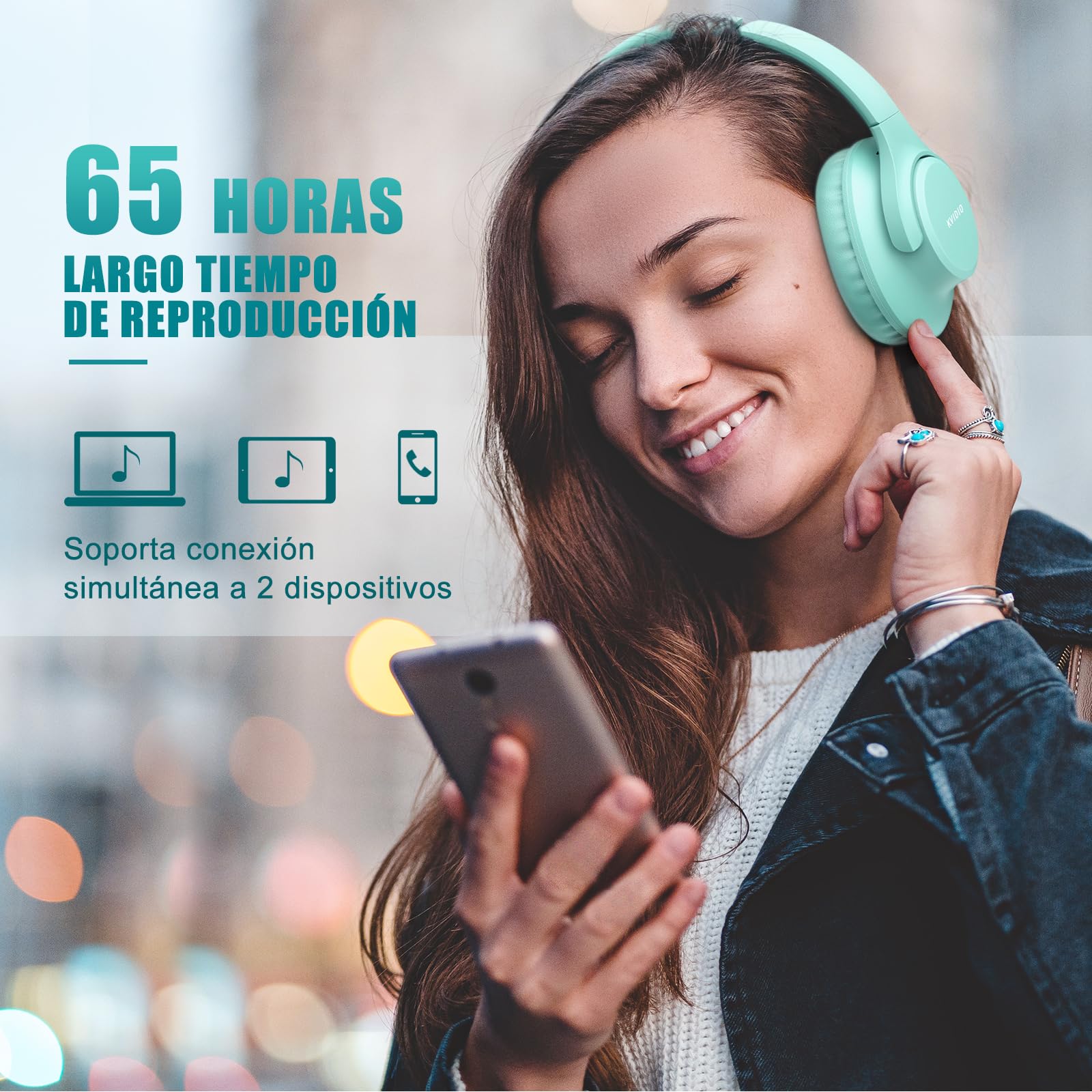 KVIDIO Wireless On-Ear Headphones, 55 Hours Playtime Bluetooth Headphones, Foldable Lightweight Headphones with Microphone, Deep Bass (Black)