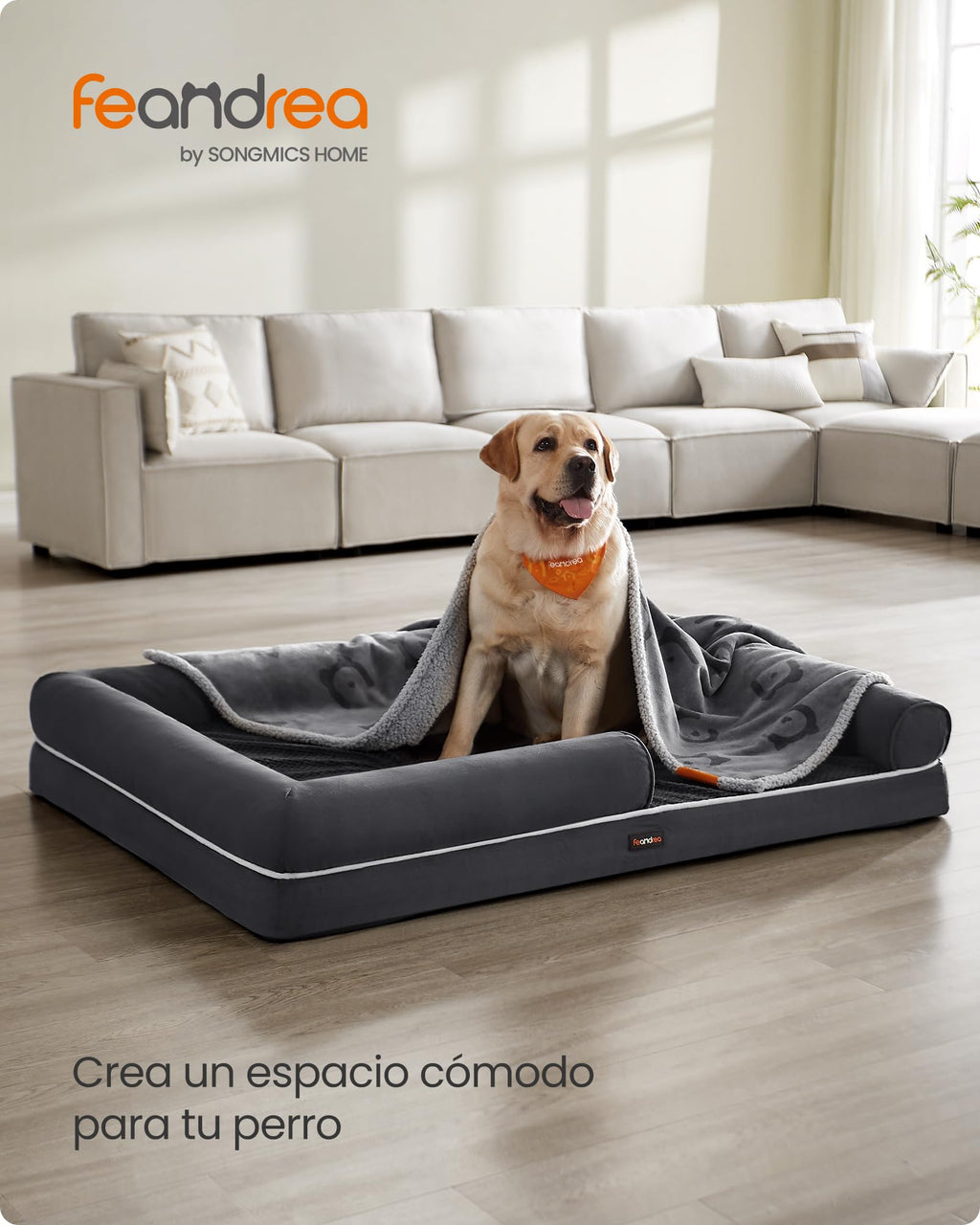 Feandrea Orthopedic Dog Bed, Sofa, Pet Bed, Soft Padding, Raised Edges, Removable and Washable Cover, 122 x 85 x 20 cm, Non-Slip, Osucro Grey PGW078G01