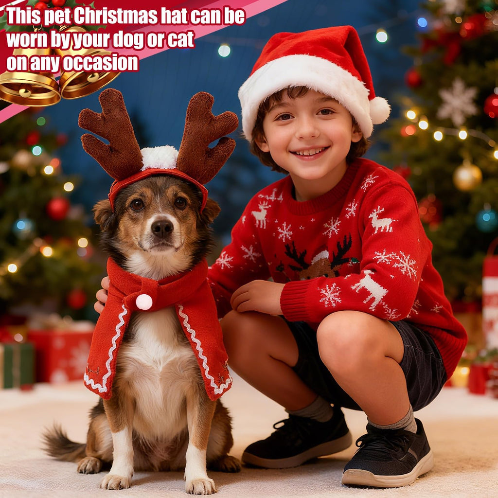 Christmas Costume for Pets, 4 Pieces Christmas Accessories Pet Clothes, Christmas Costumes for Cats Dogs with Hat, Reindeer Antlers Headband, Scarf, Mantle, for Dogs Cats