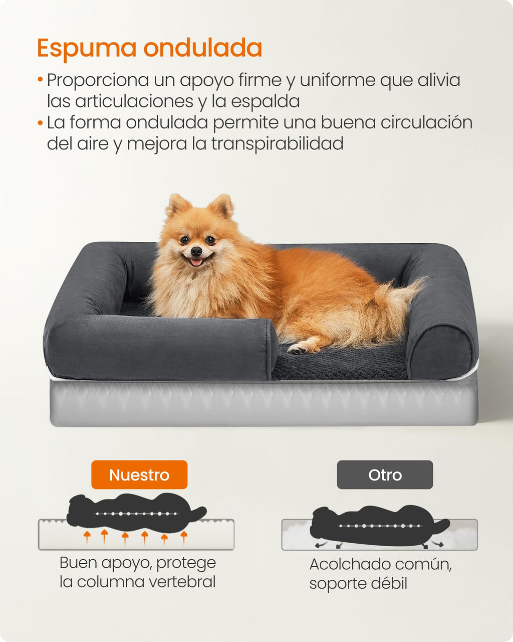 Feandrea Orthopedic Dog Bed, Sofa, Pet Bed, Soft Padding, Raised Edges, Removable and Washable Cover, 122 x 85 x 20 cm, Non-Slip, Osucro Grey PGW078G01