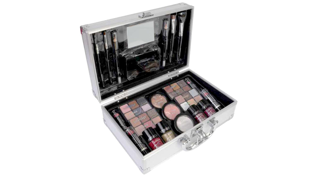 bonvoyage, 43 Piece Women's Makeup Kit, Includes Lipstick, Eyeshadows, Blush, Nail Polish, Mirror, and More, Portable and Lightweight Metal Case, Bon Voyage