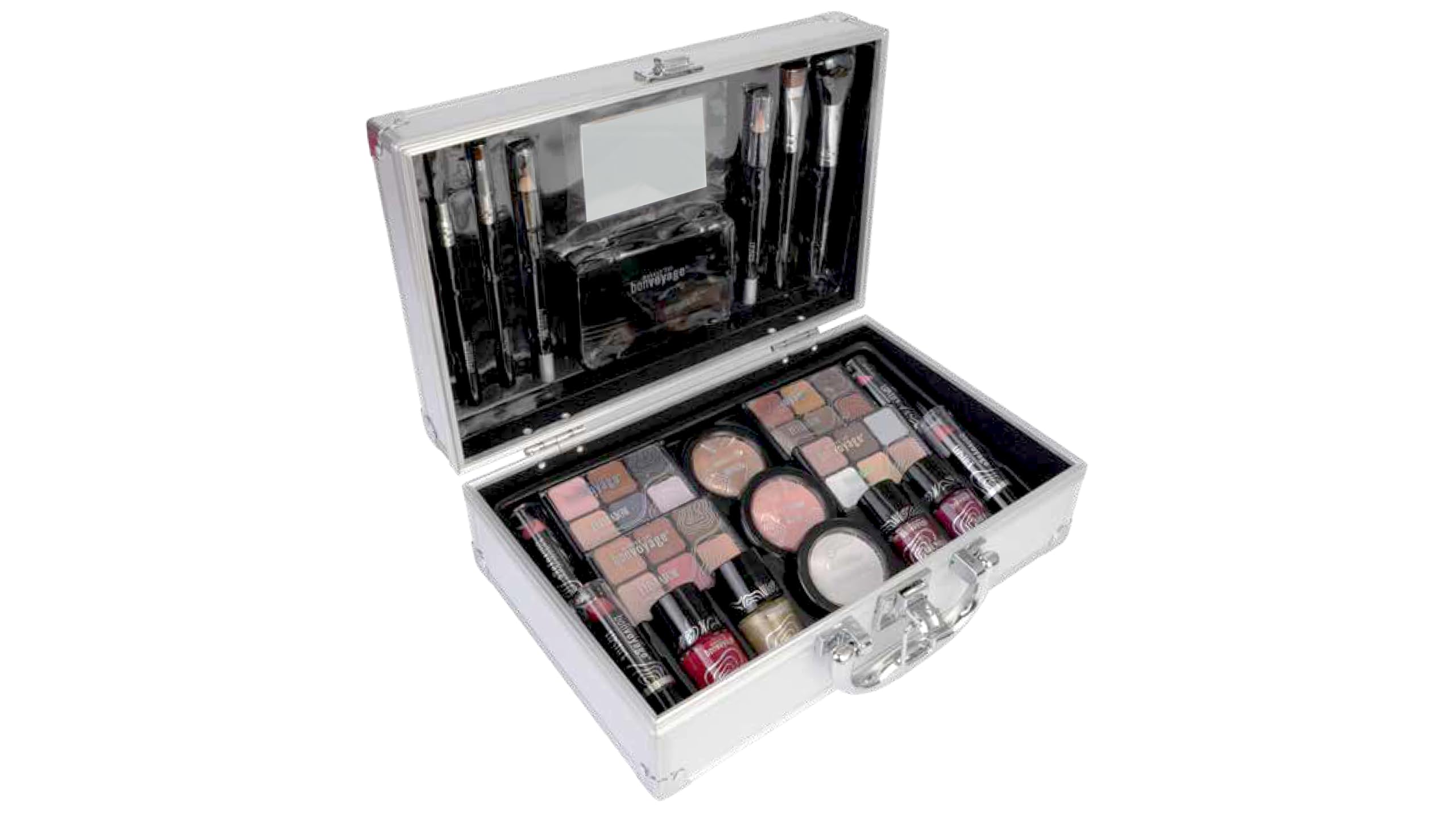 bonvoyage, 43 Piece Women's Makeup Kit, Includes Lipstick, Eyeshadows, Blush, Nail Polish, Mirror, and More, Portable and Lightweight Metal Case, Bon Voyage