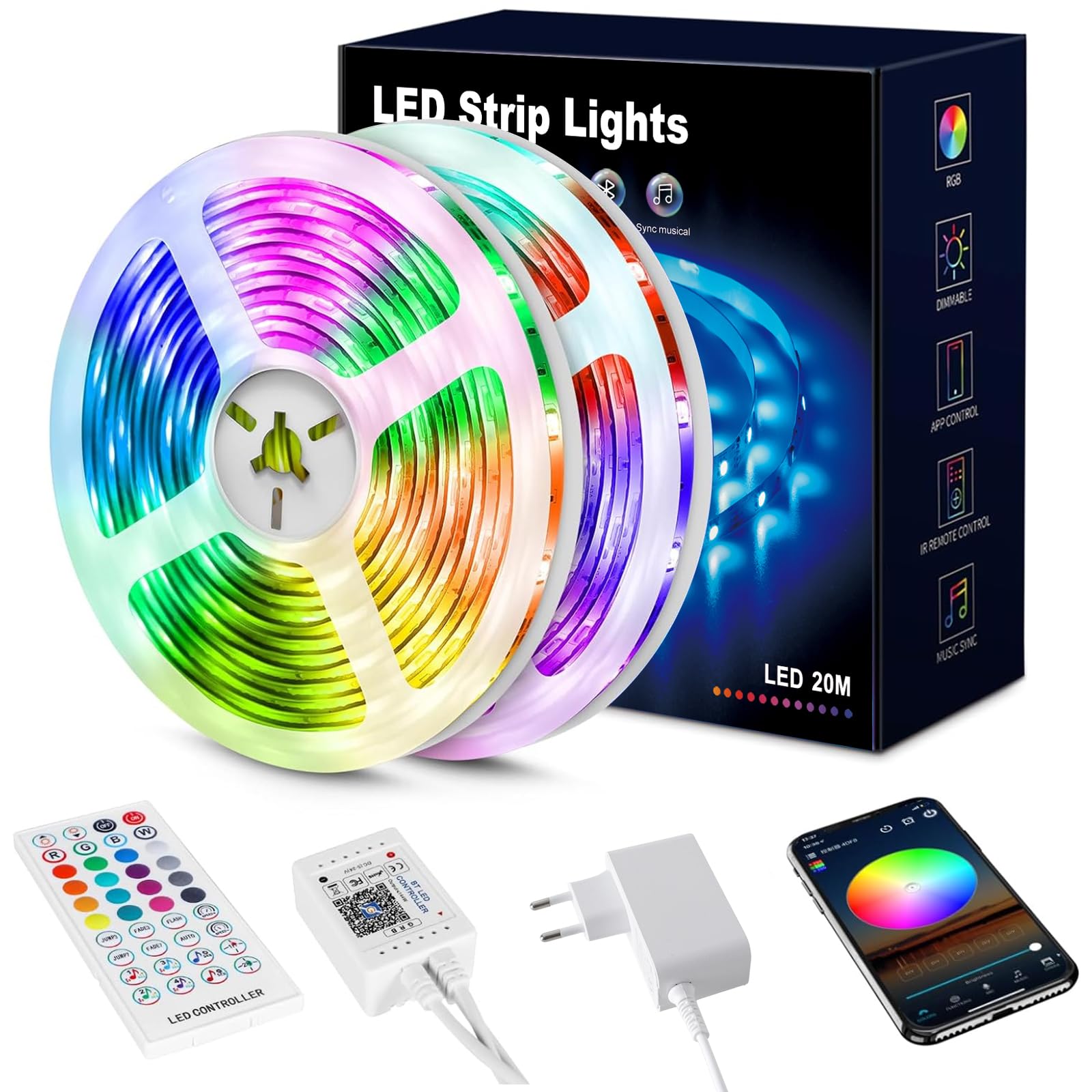 LED Strips 20 Metres RGB 5050, LED Lights with App and Controller, Sync with Music, Ideal for LED Lights, Room Lights, Party Decoration and Christmas (10 m x 2)