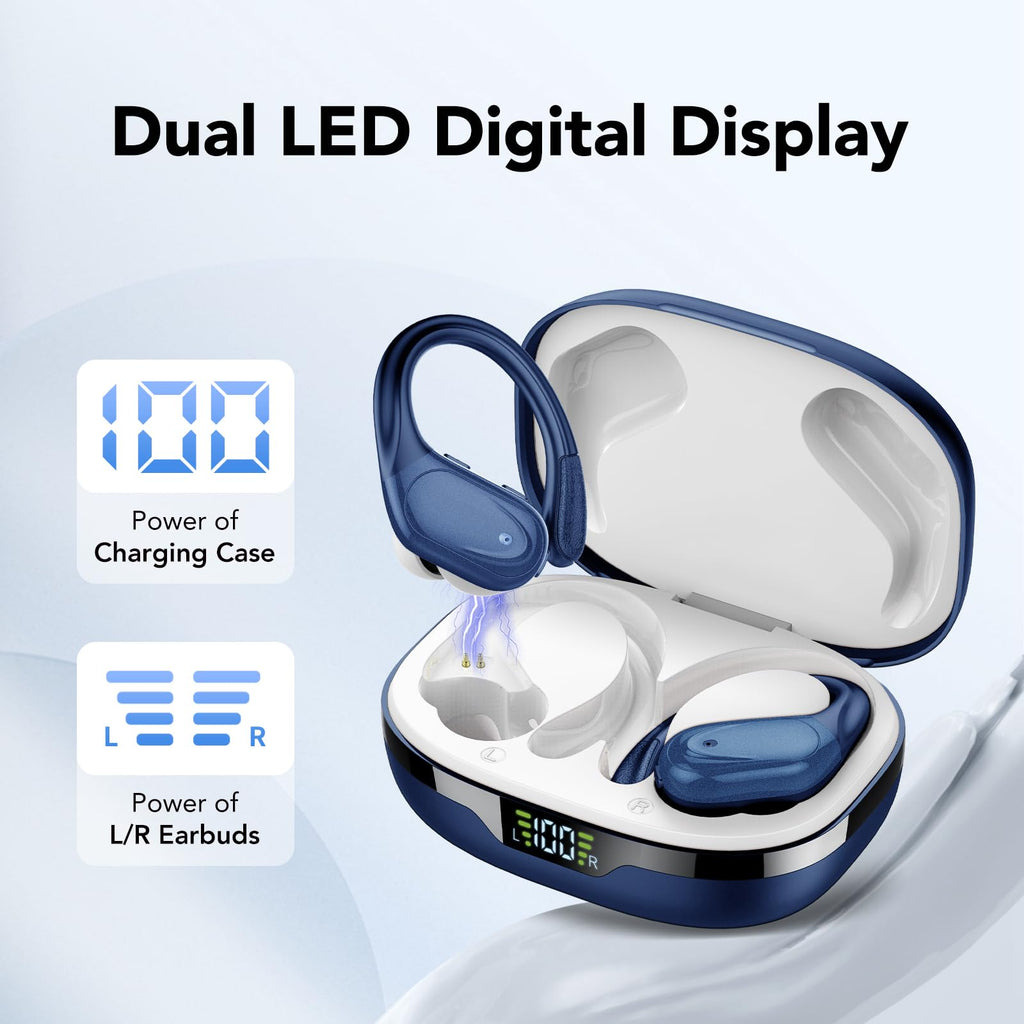 Wireless Headphones, Bluetooth 5.3 Sports Headphones with Ear Hooks, 60H Playback, LED Display, ENC HD Call, Deep Low, Comfortable Fit, IPX7 Waterproof (Black)