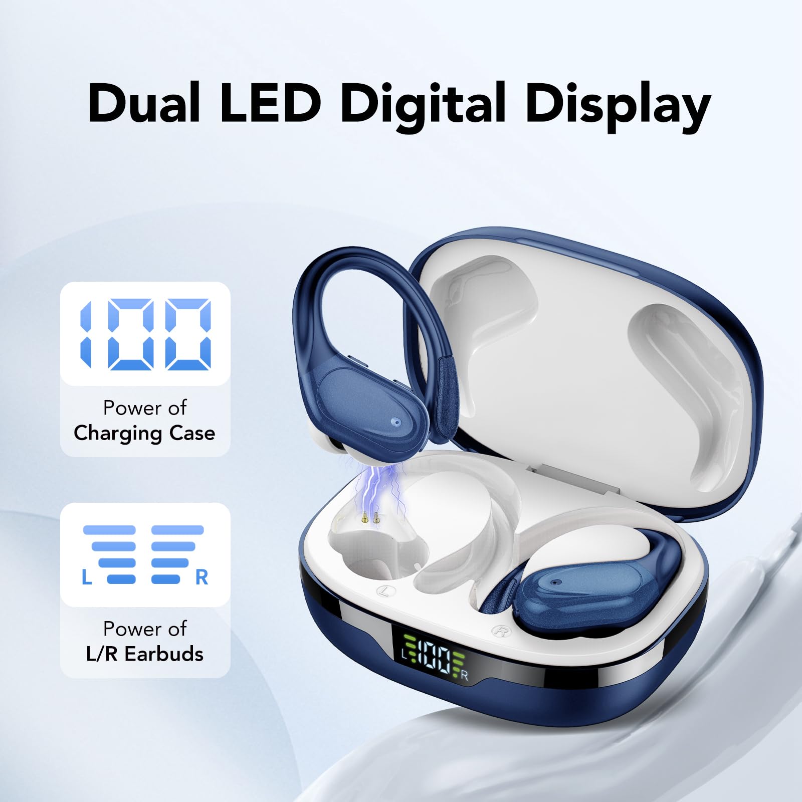 Wireless Headphones, Bluetooth 5.3 Sports Headphones with Ear Hooks, 60H Playback, LED Display, ENC HD Call, Deep Low, Comfortable Fit, IPX7 Waterproof (Black)