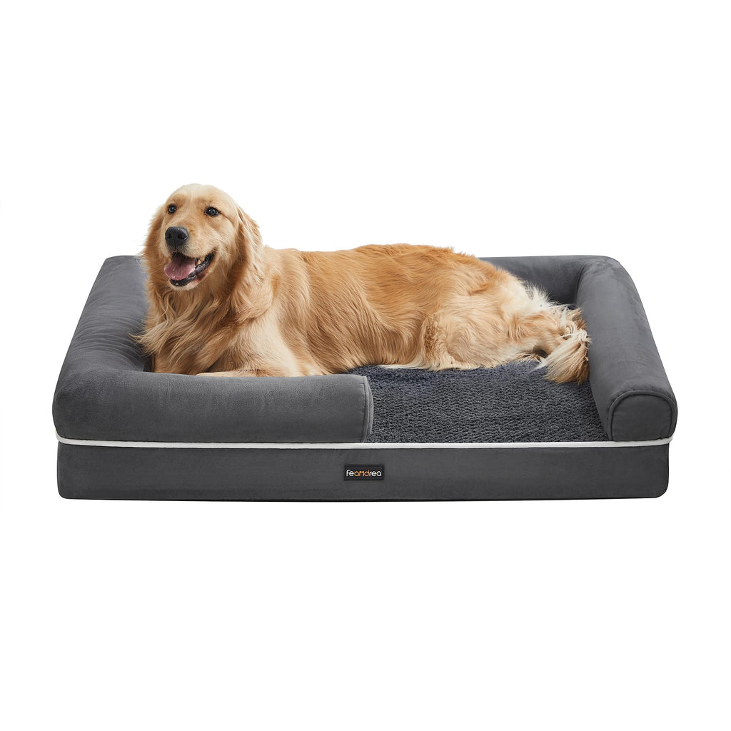 Feandrea Orthopedic Dog Bed, Sofa, Pet Bed, Soft Padding, Raised Edges, Removable and Washable Cover, 122 x 85 x 20 cm, Non-Slip, Osucro Grey PGW078G01