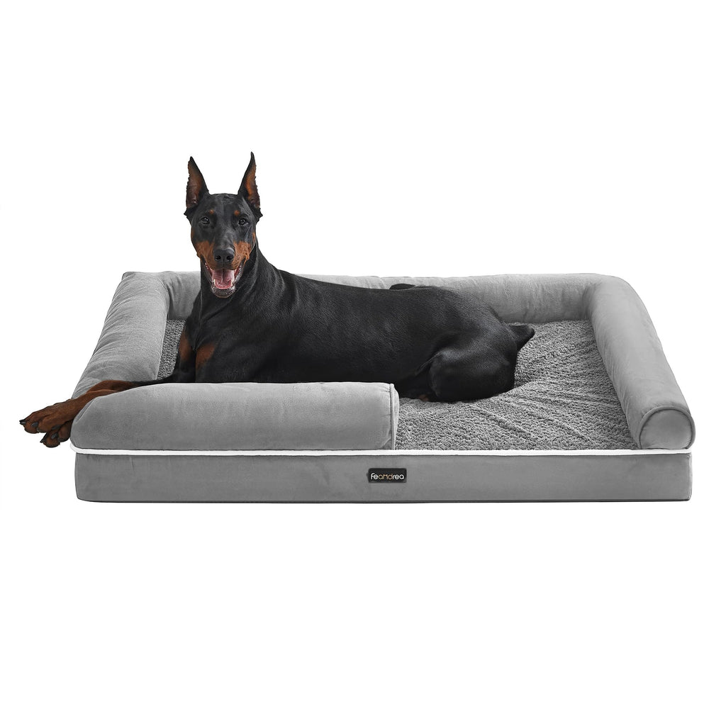 Feandrea Orthopedic Dog Bed, Sofa, Pet Bed, Soft Padding, Raised Edges, Removable and Washable Cover, 122 x 85 x 20 cm, Non-Slip, Osucro Grey PGW078G01