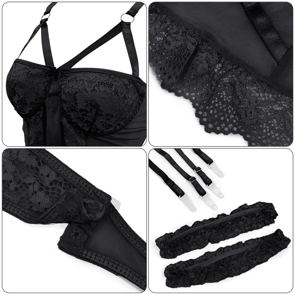 Women's Sexy Lingerie Erotic Lingerie Babydoll Lace Bodysuit with Garter Belt Lace Push Up Bra 2 Thigh Cuffs Lingerie Set Teddy Lingerie V Neck Nightwear