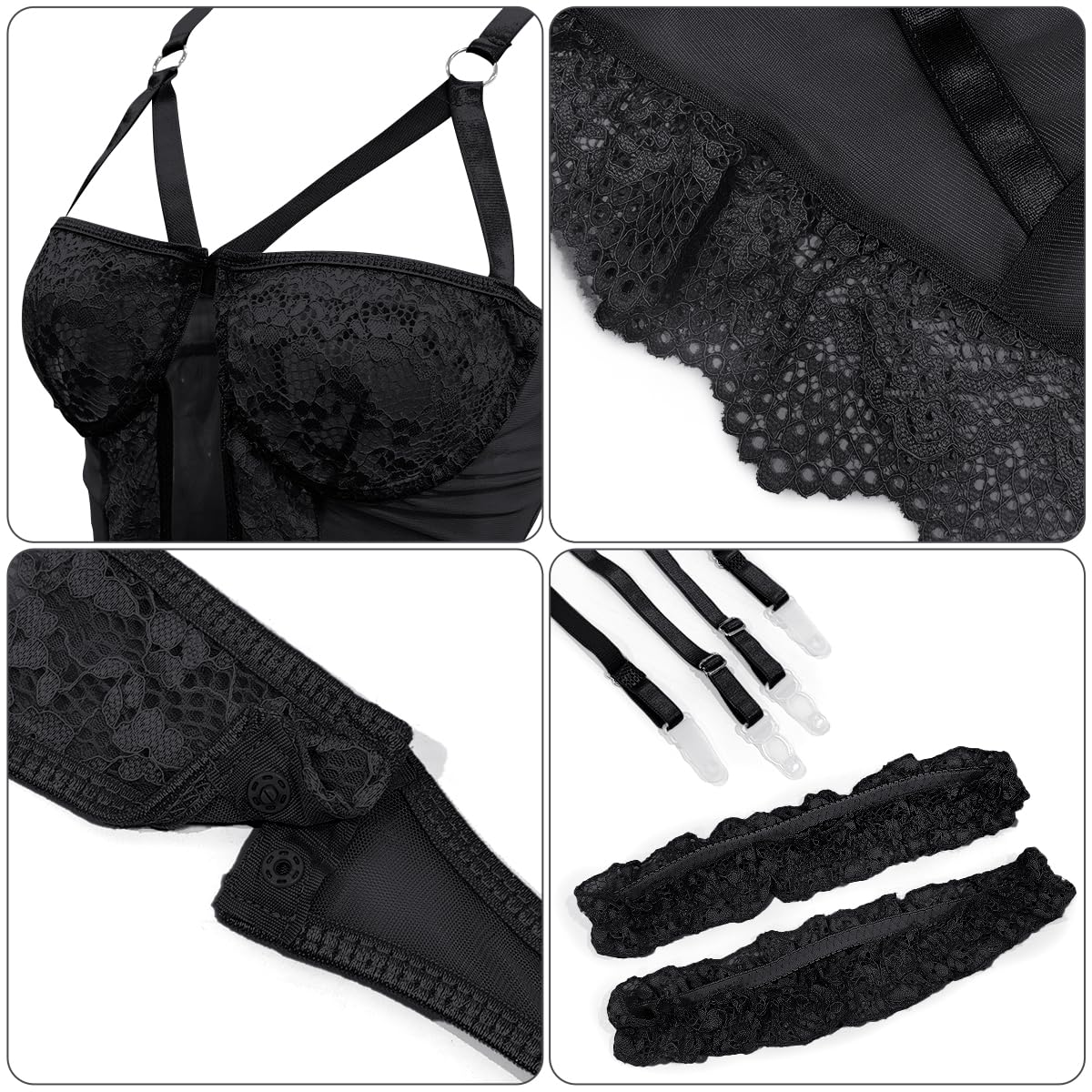 Women's Sexy Lingerie Erotic Lingerie Babydoll Lace Bodysuit with Garter Belt Lace Push Up Bra 2 Thigh Cuffs Lingerie Set Teddy Lingerie V Neck Nightwear