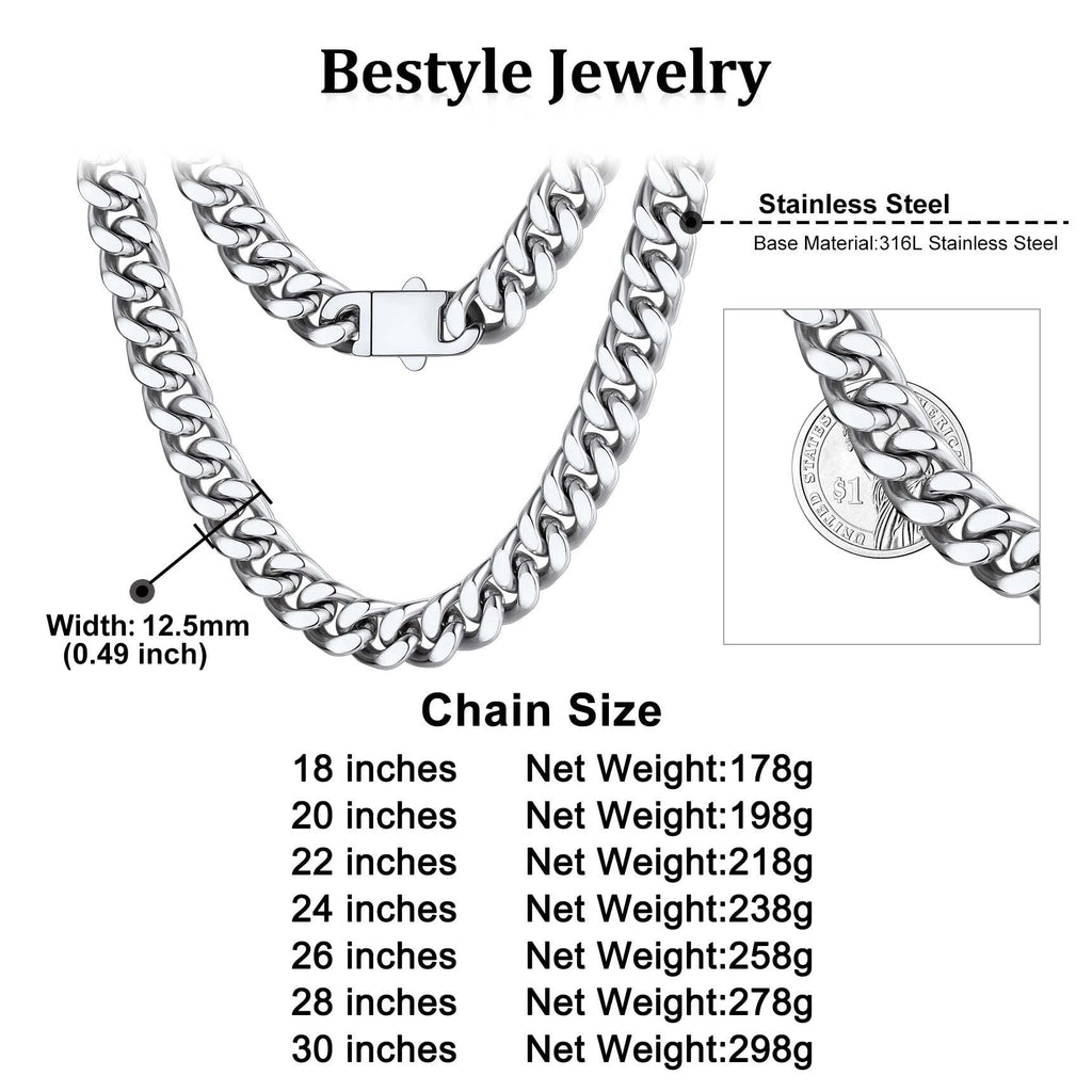 Bestyle Cuban Chain Necklace 5 mm/7 mm/9 mm/12 mm Width Necklace Cuban Miami Chain Length 45-76 cm Necklace Stainless Steel Cuban Chain Silver/Gold/Black Hip Hop Rock Punk Chain