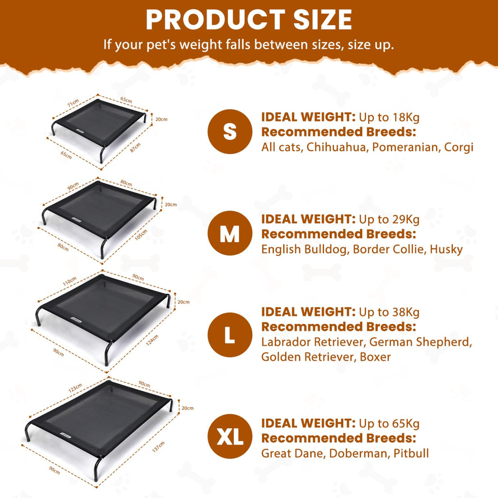 Nobleza Washable Raised Dog Bed, Cooling and Breathable for Outdoor and Indoor, Robust, Grey, L, 124 x 90 x 20 cm