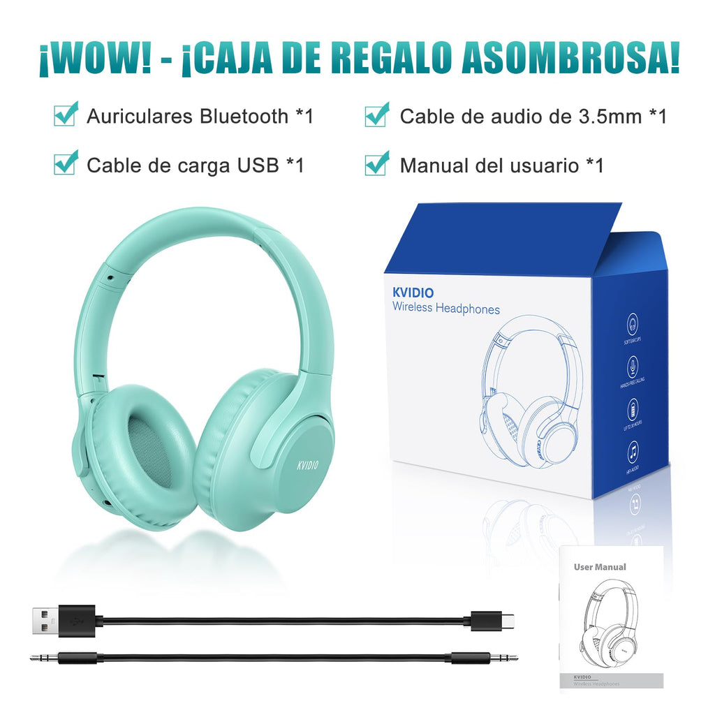 KVIDIO Wireless On-Ear Headphones, 55 Hours Playtime Bluetooth Headphones, Foldable Lightweight Headphones with Microphone, Deep Bass (Black)