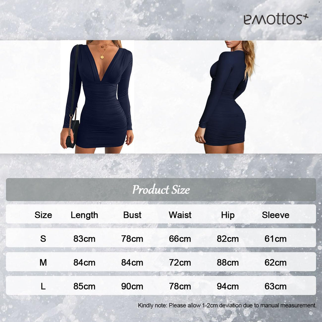 Women Mini Wrap Dress, Sexy Hip-Hugging Ruched Dresses, Soft Deep V Neck/One Shoulder Bodycon Long Sleeve Pencil Dress, Club Cocktail Party Dress(2 Style, S-L)