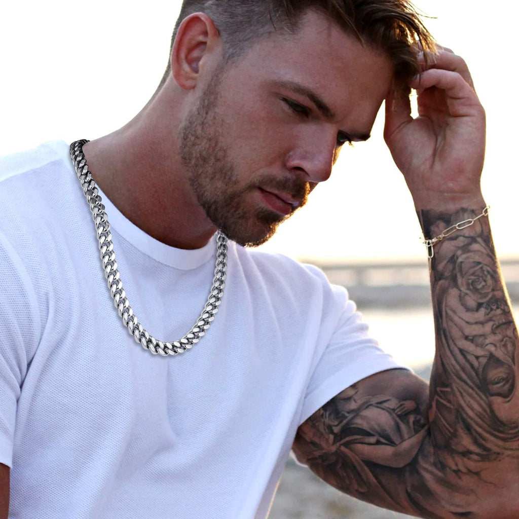 Bestyle Cuban Chain Necklace 5 mm/7 mm/9 mm/12 mm Width Necklace Cuban Miami Chain Length 45-76 cm Necklace Stainless Steel Cuban Chain Silver/Gold/Black Hip Hop Rock Punk Chain