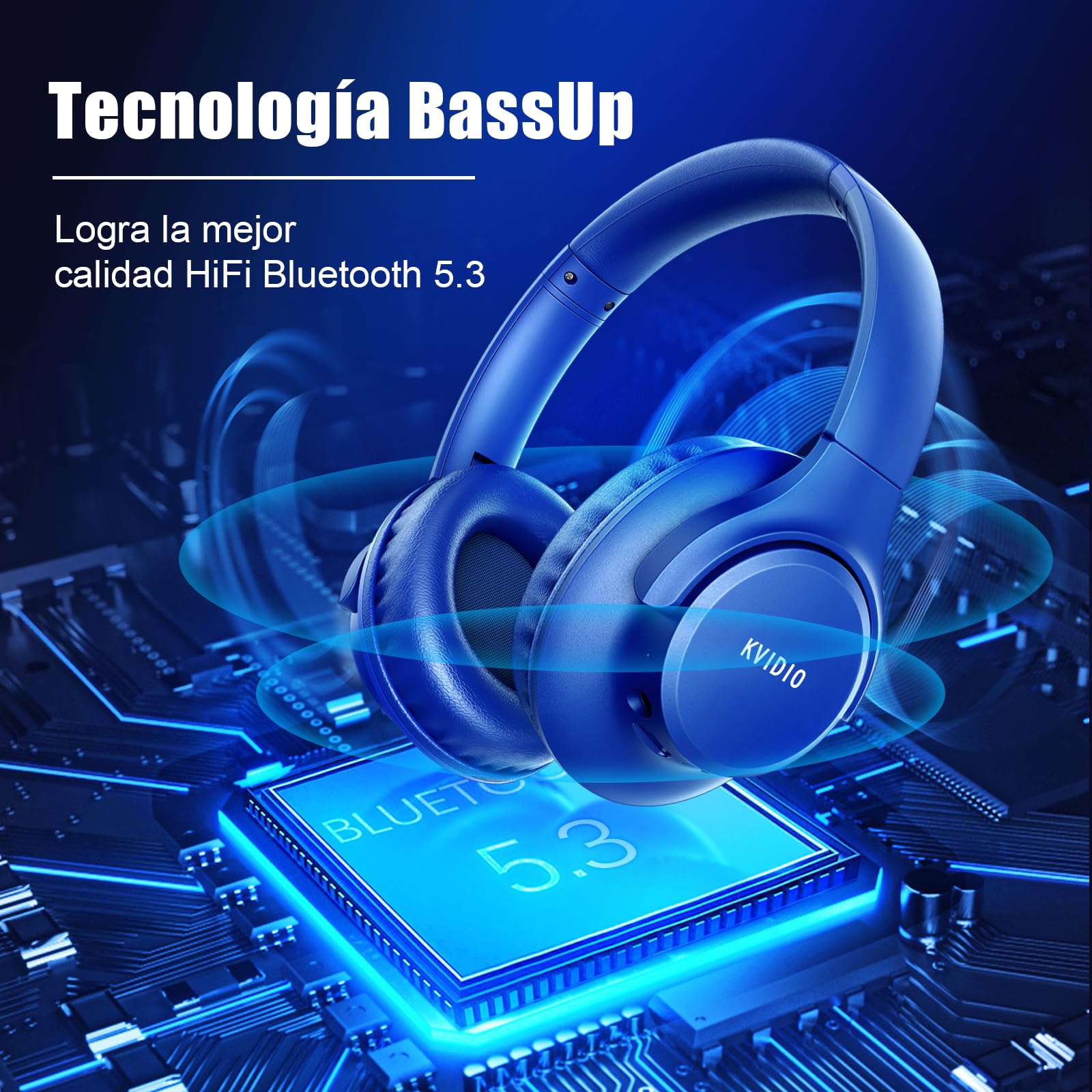 KVIDIO Wireless On-Ear Headphones, 55 Hours Playtime Bluetooth Headphones, Foldable Lightweight Headphones with Microphone, Deep Bass (Black)