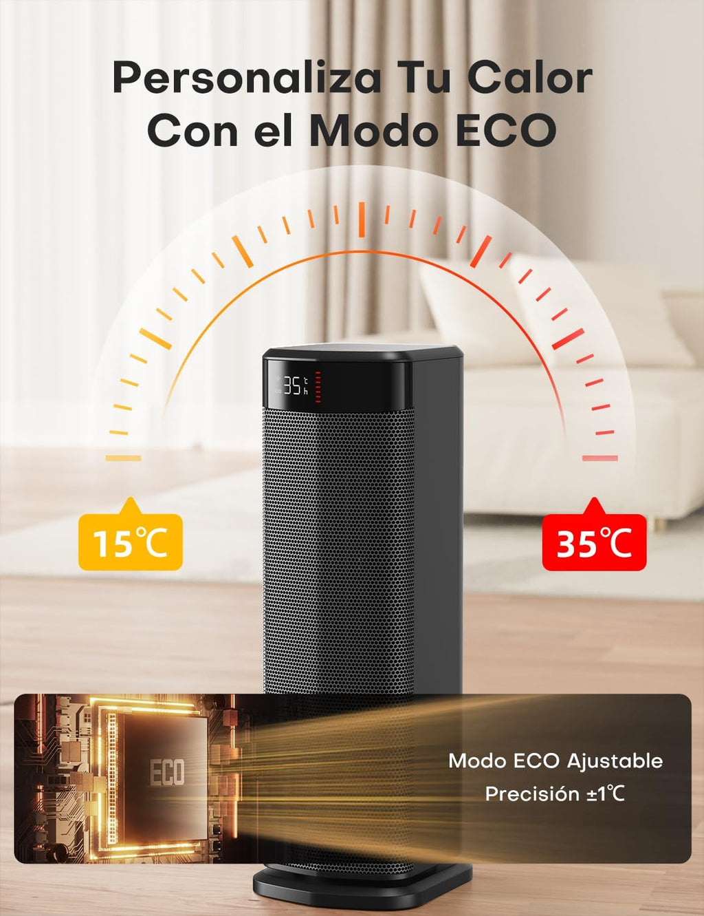 Low Consumption Heater, 2000W PTC Heater, 4 Modes, ECO Mode, Thermostat, 90° Oscillation, 24H Timer, Remote Control, Tip-Over Protection and Overheating for Indoor