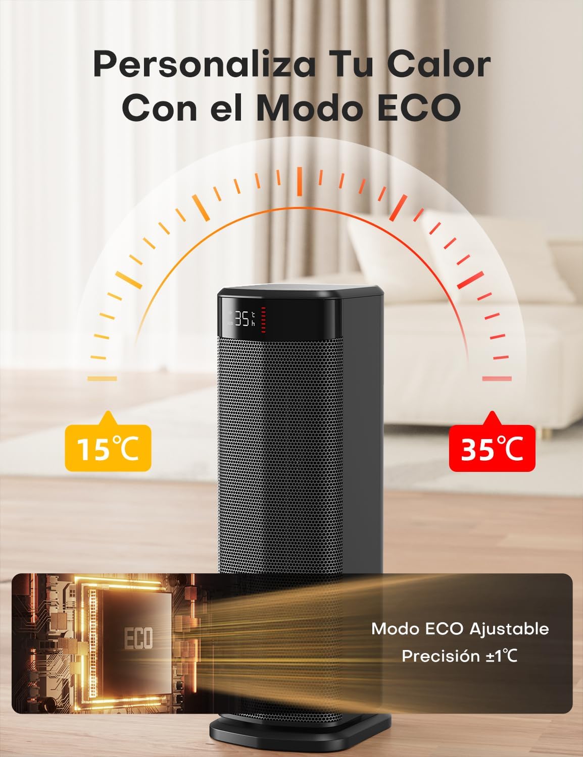 Low Consumption Heater, 2000W PTC Heater, 4 Modes, ECO Mode, Thermostat, 90° Oscillation, 24H Timer, Remote Control, Tip-Over Protection and Overheating for Indoor