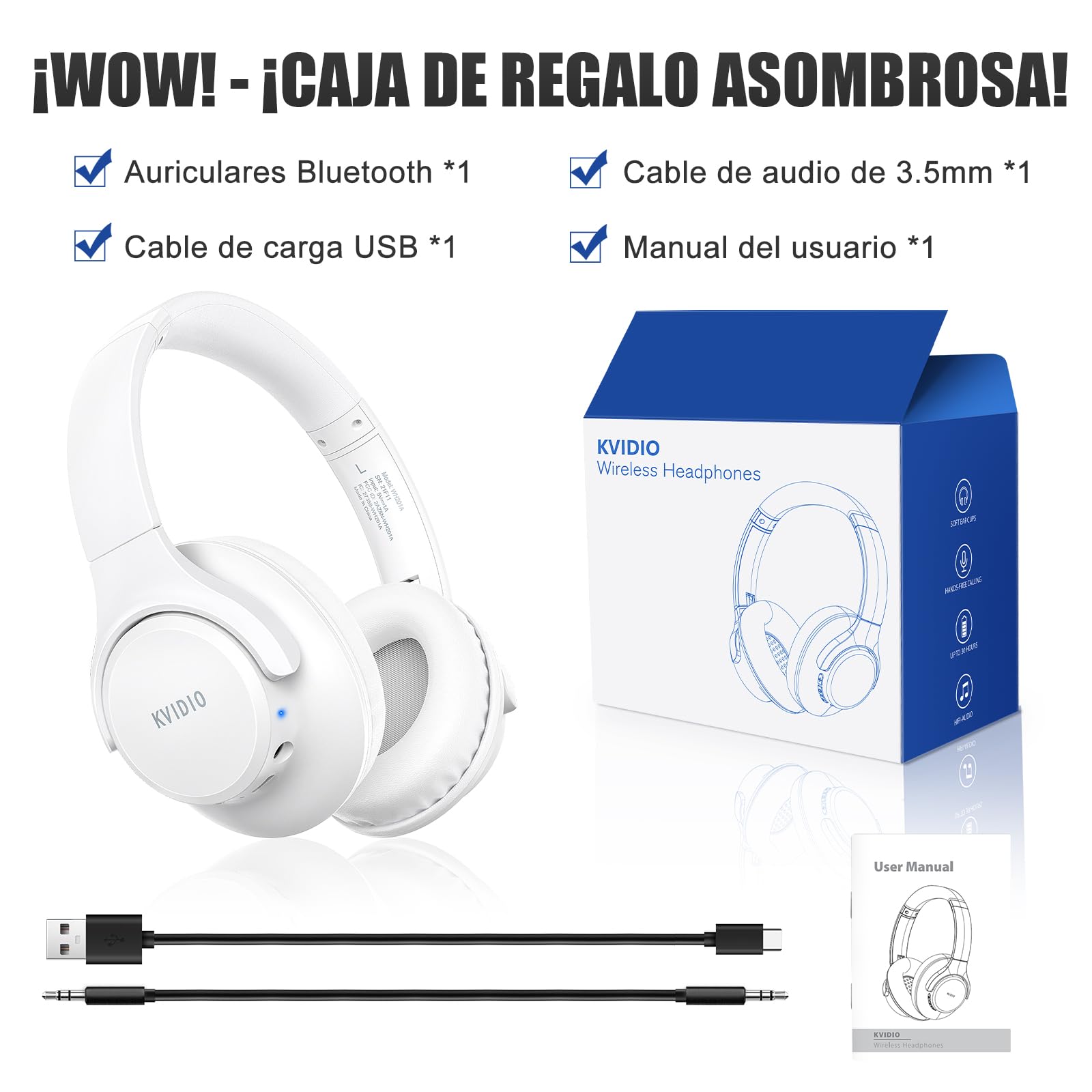 KVIDIO Wireless On-Ear Headphones, 55 Hours Playtime Bluetooth Headphones, Foldable Lightweight Headphones with Microphone, Deep Bass (Black)