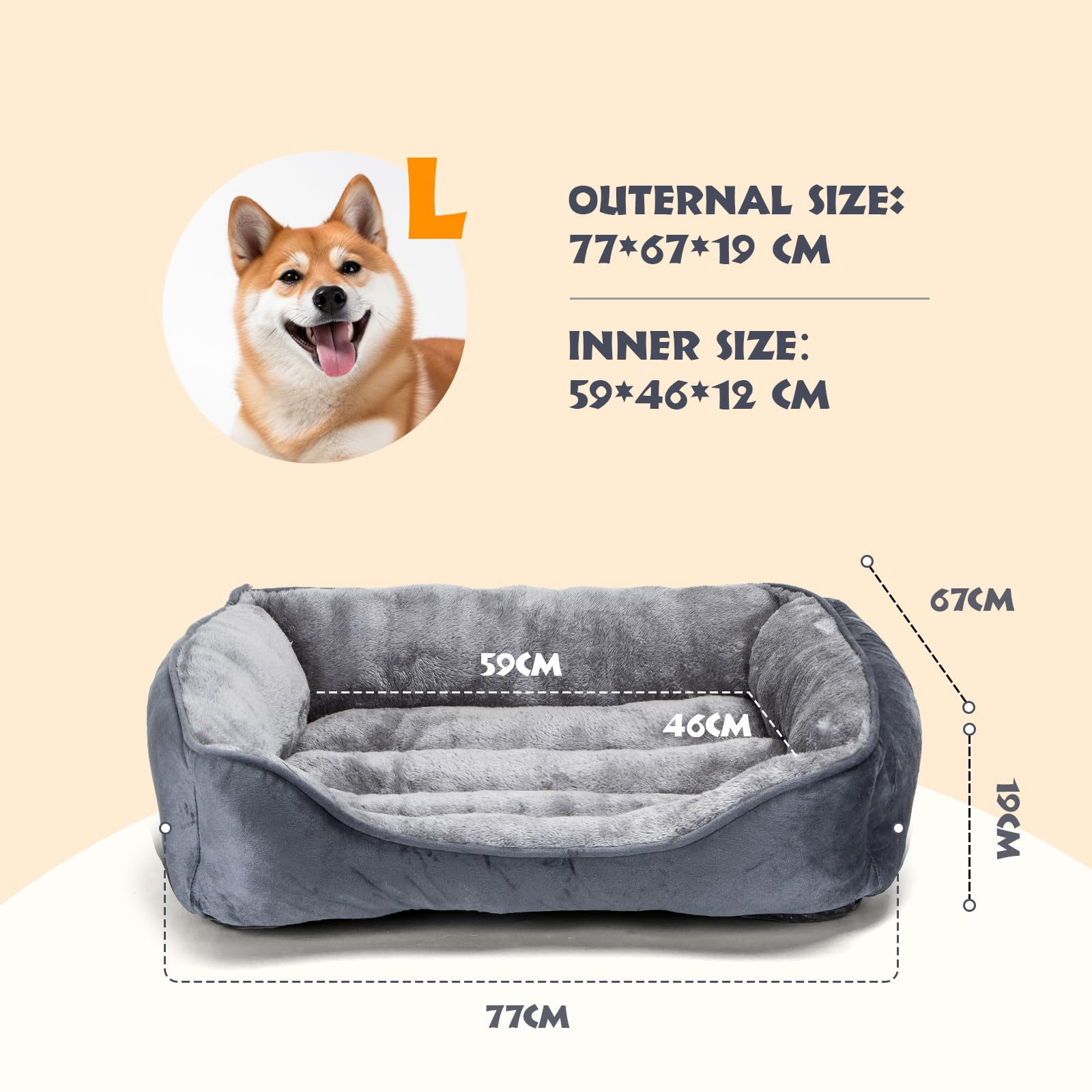Nobleza Washable Dog Bed, Non-Slip with Super Soft Fibre Filling for Small and Medium Pets, Black, M, 67 x 57 cm