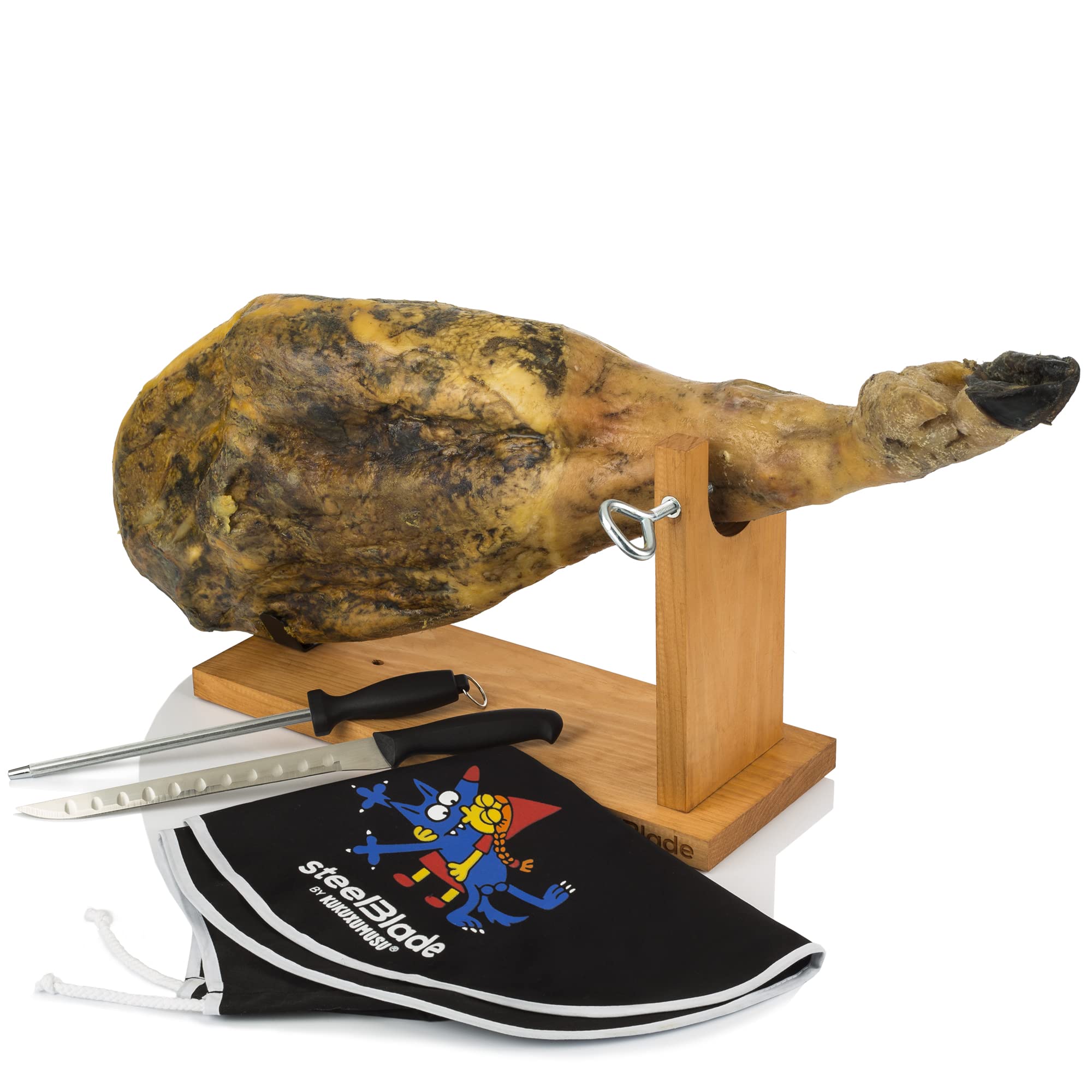 Ham Holder + Kukuxumusu Ham Cover + Ham Knife and Chaira – Ham Holder Made in Spain