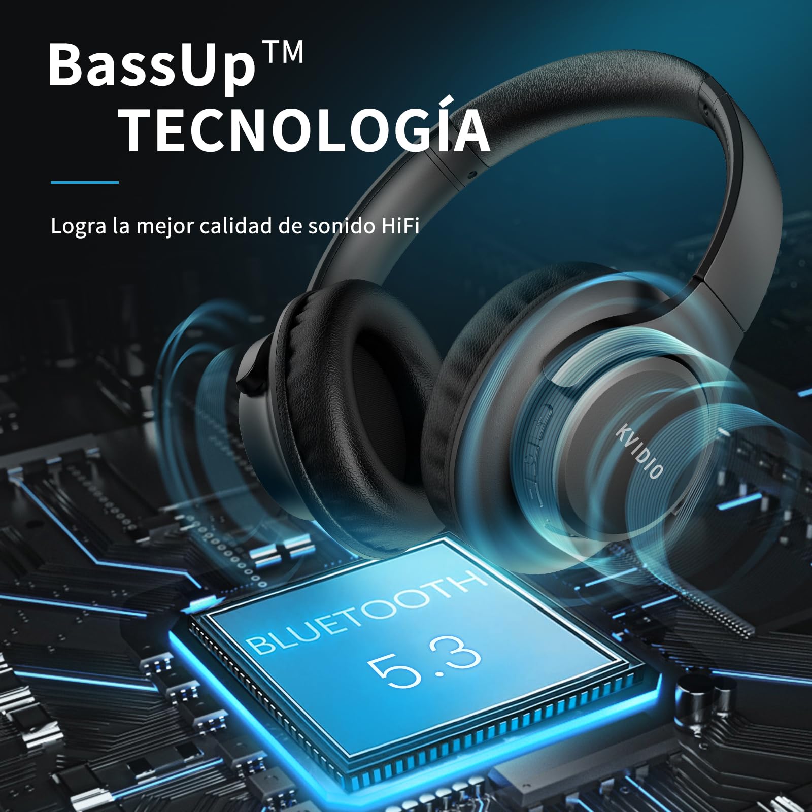 KVIDIO Wireless On-Ear Headphones, 55 Hours Playtime Bluetooth Headphones, Foldable Lightweight Headphones with Microphone, Deep Bass (Black)